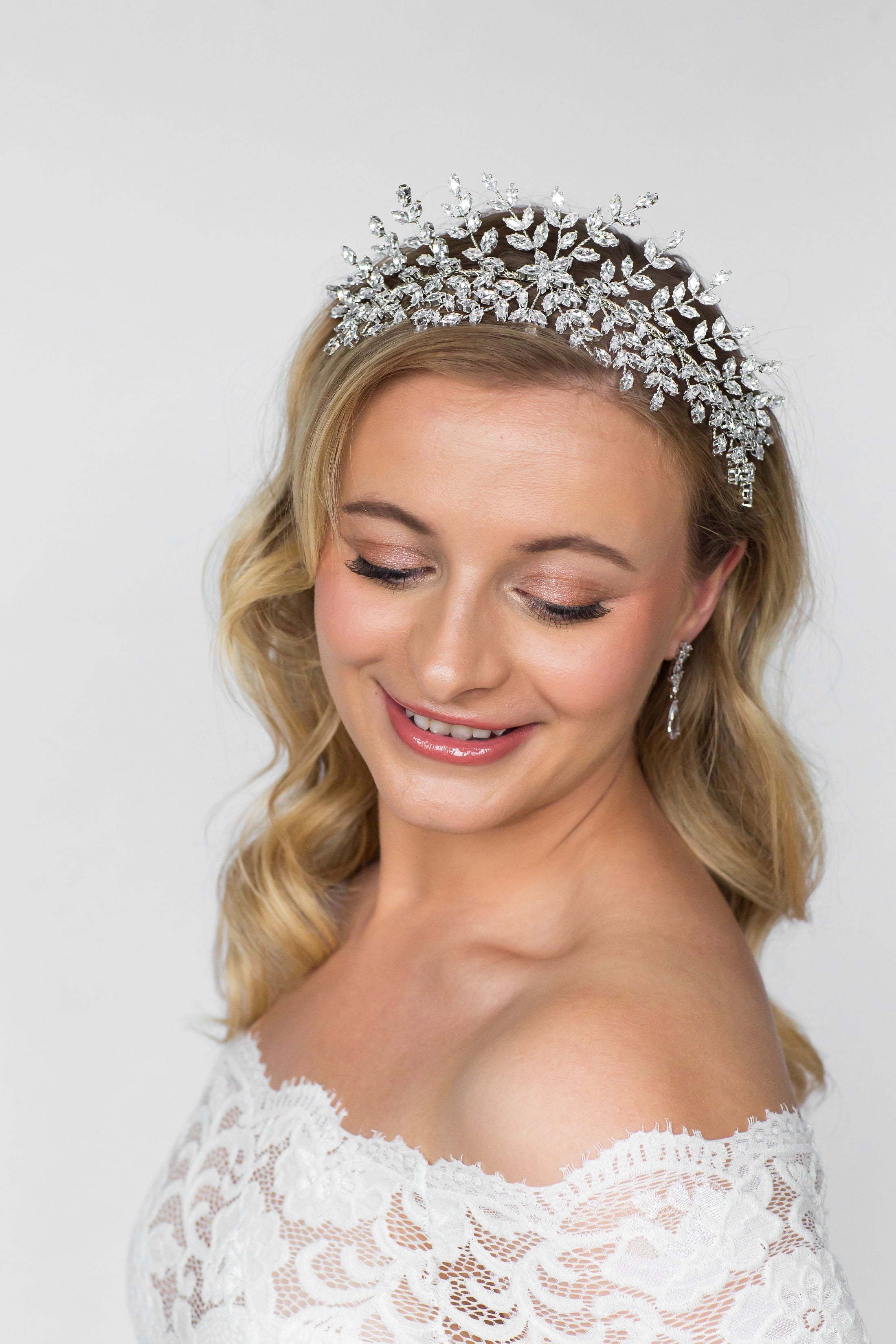 bride wearing large crystal crown