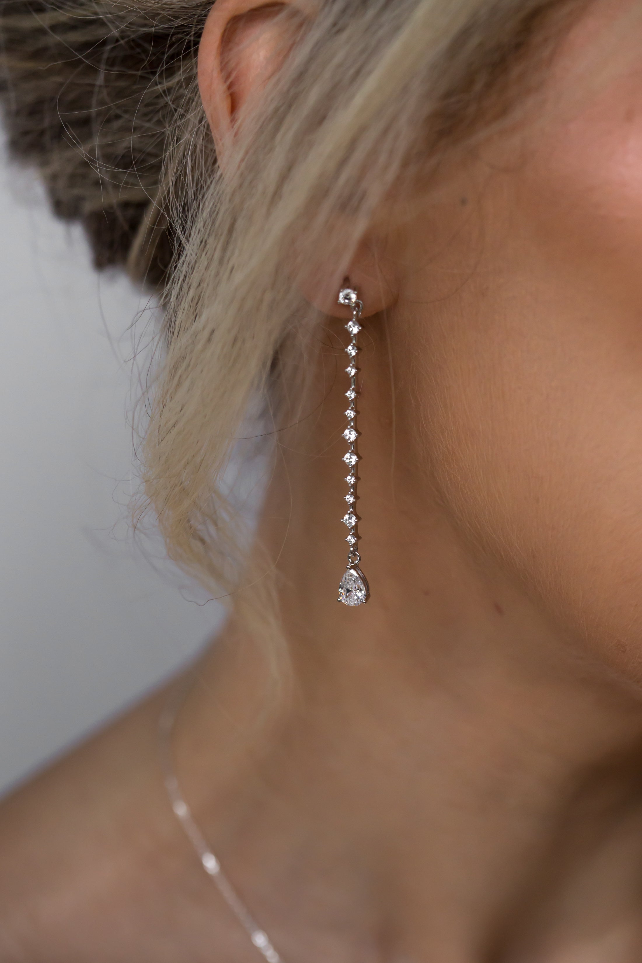 long crystal drop drop bridal earring sterling silver CZ