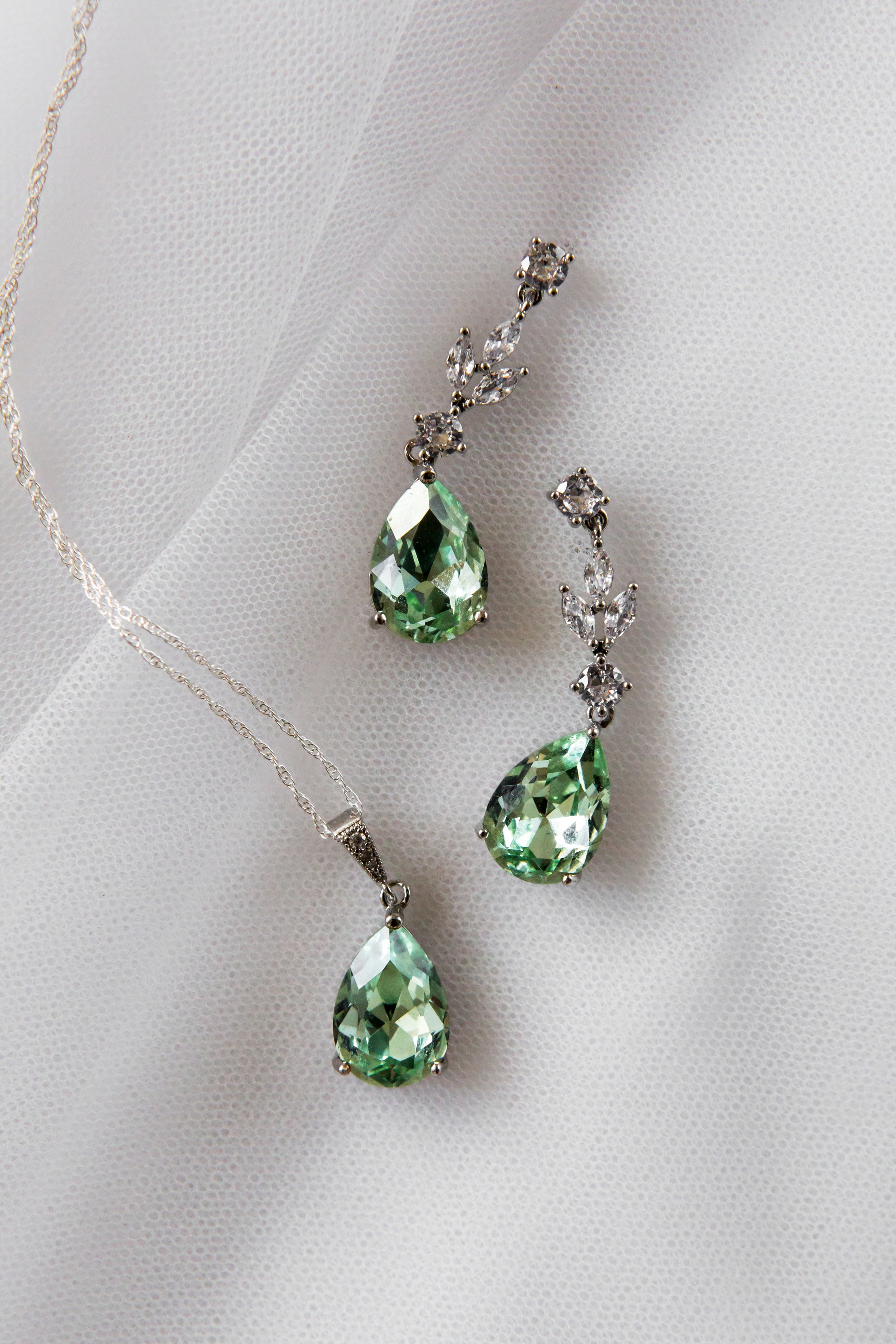 sage green unique teardrop bridal earrings and necklace set