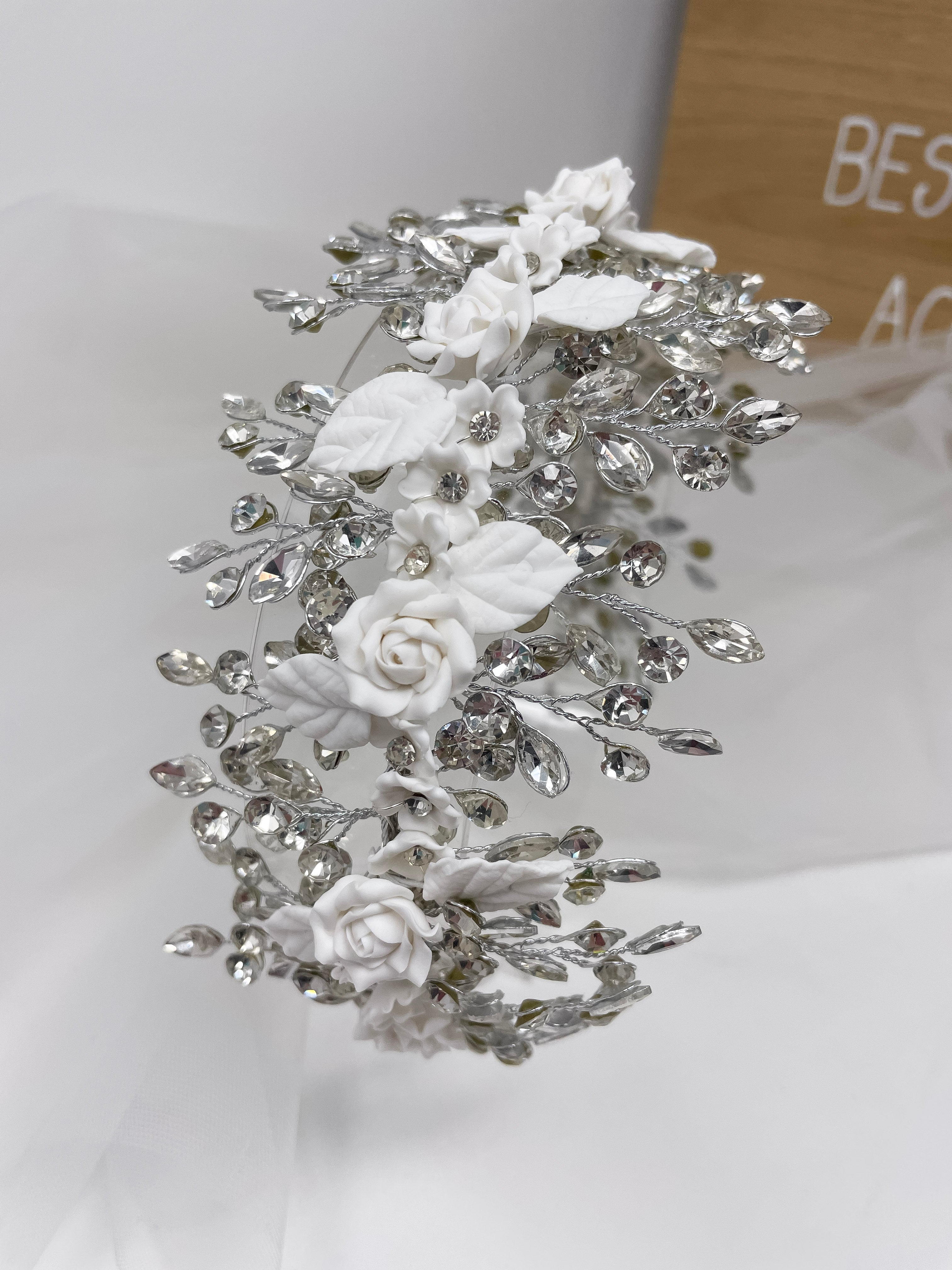 Crystal and Clay Flower Bridal Headband