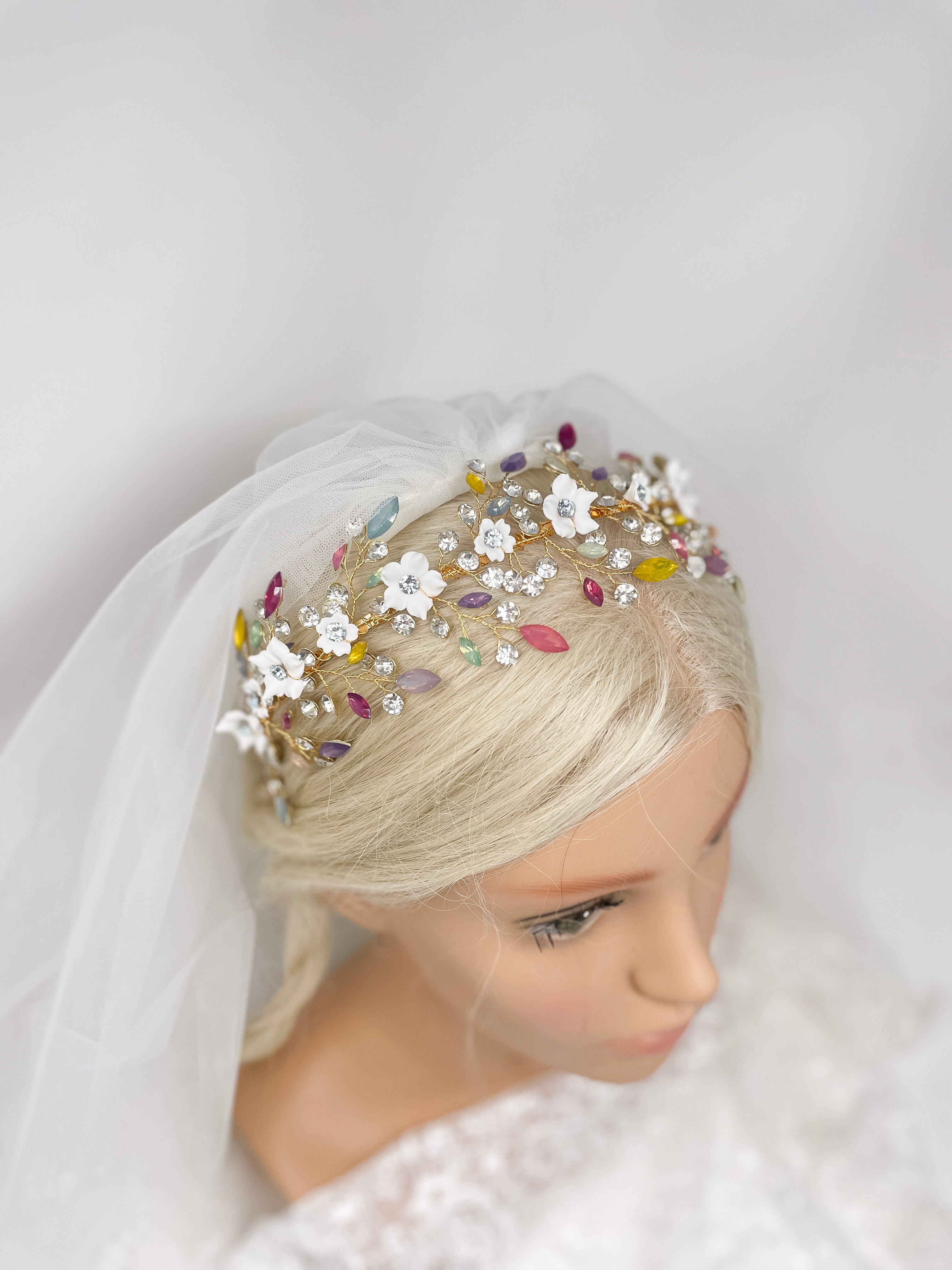 Rainbow Crystal and Clay Flower Headband