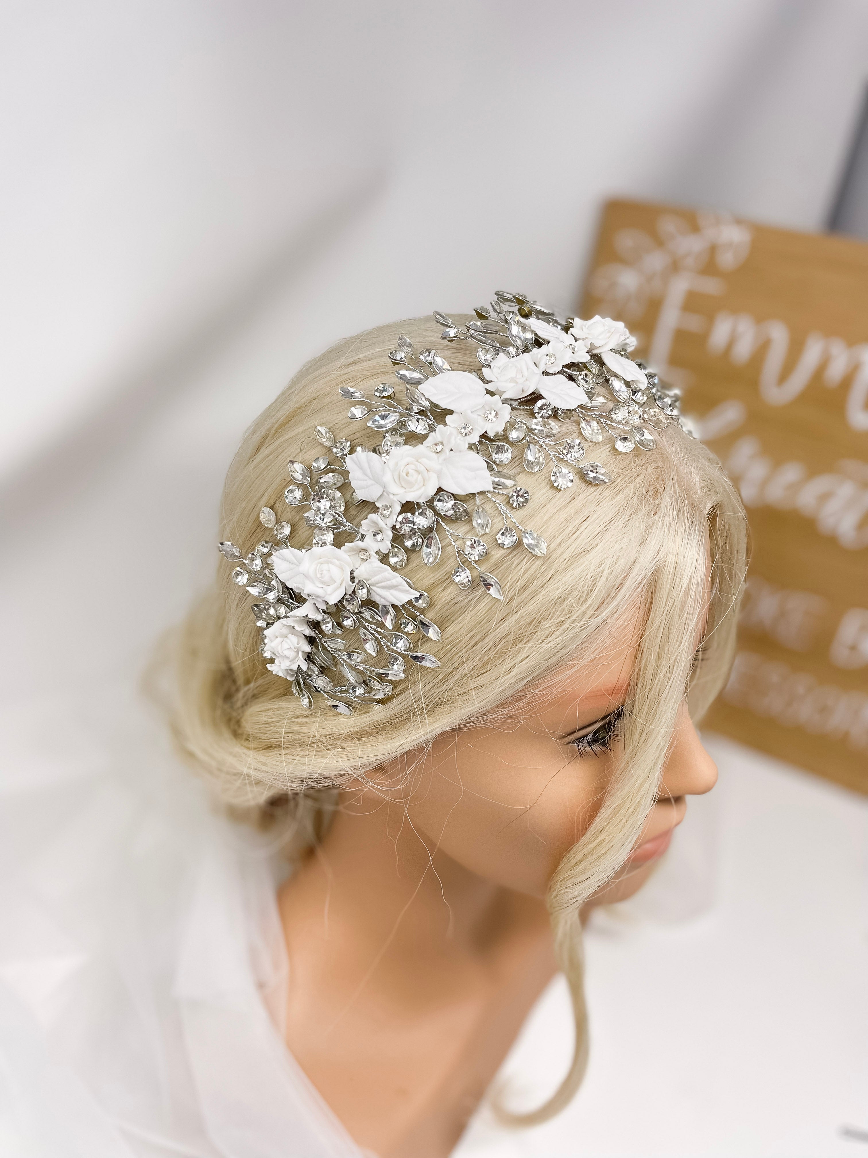 Crystal and Clay Flower Bridal Headband