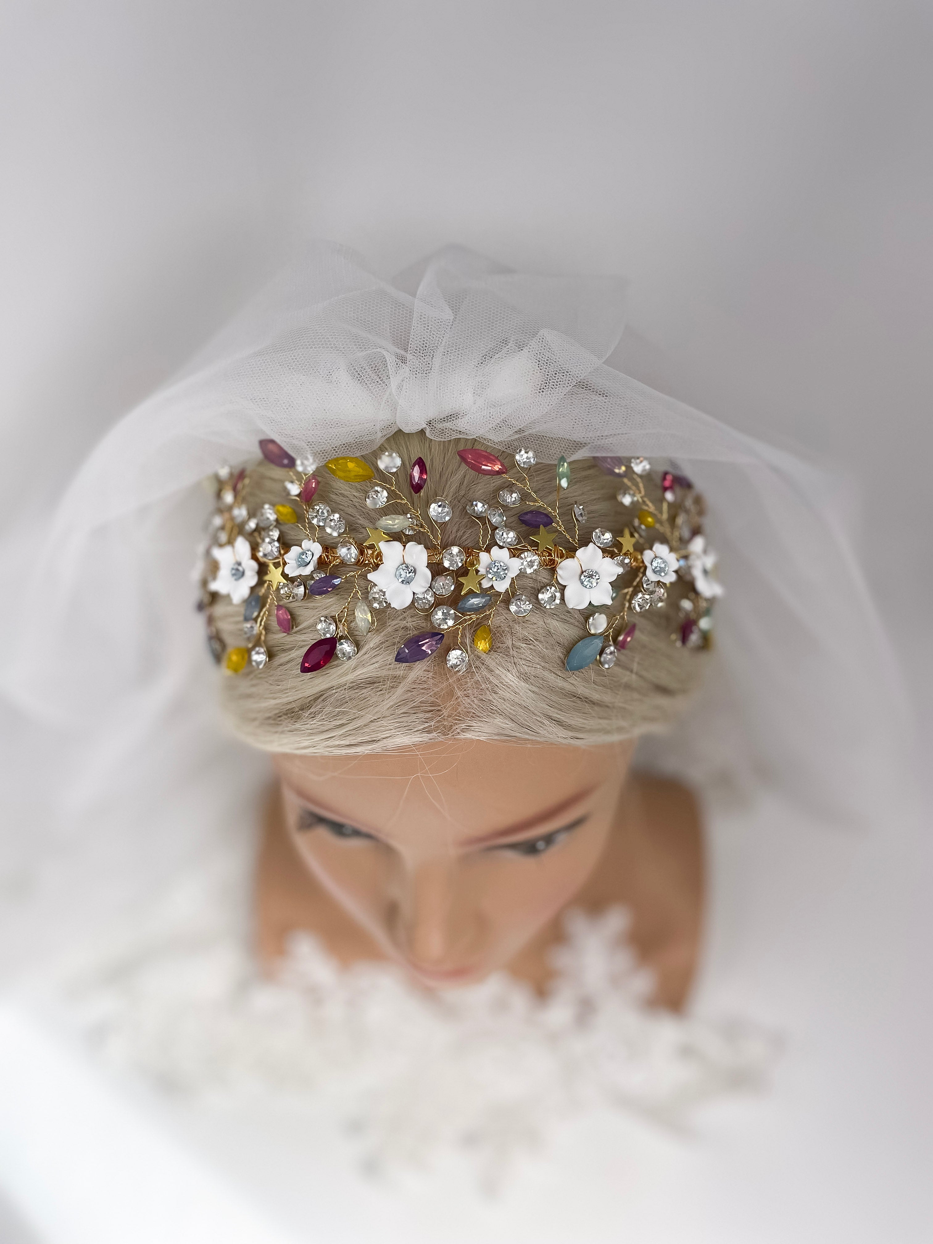Rainbow Crystal and Clay Flower Headband