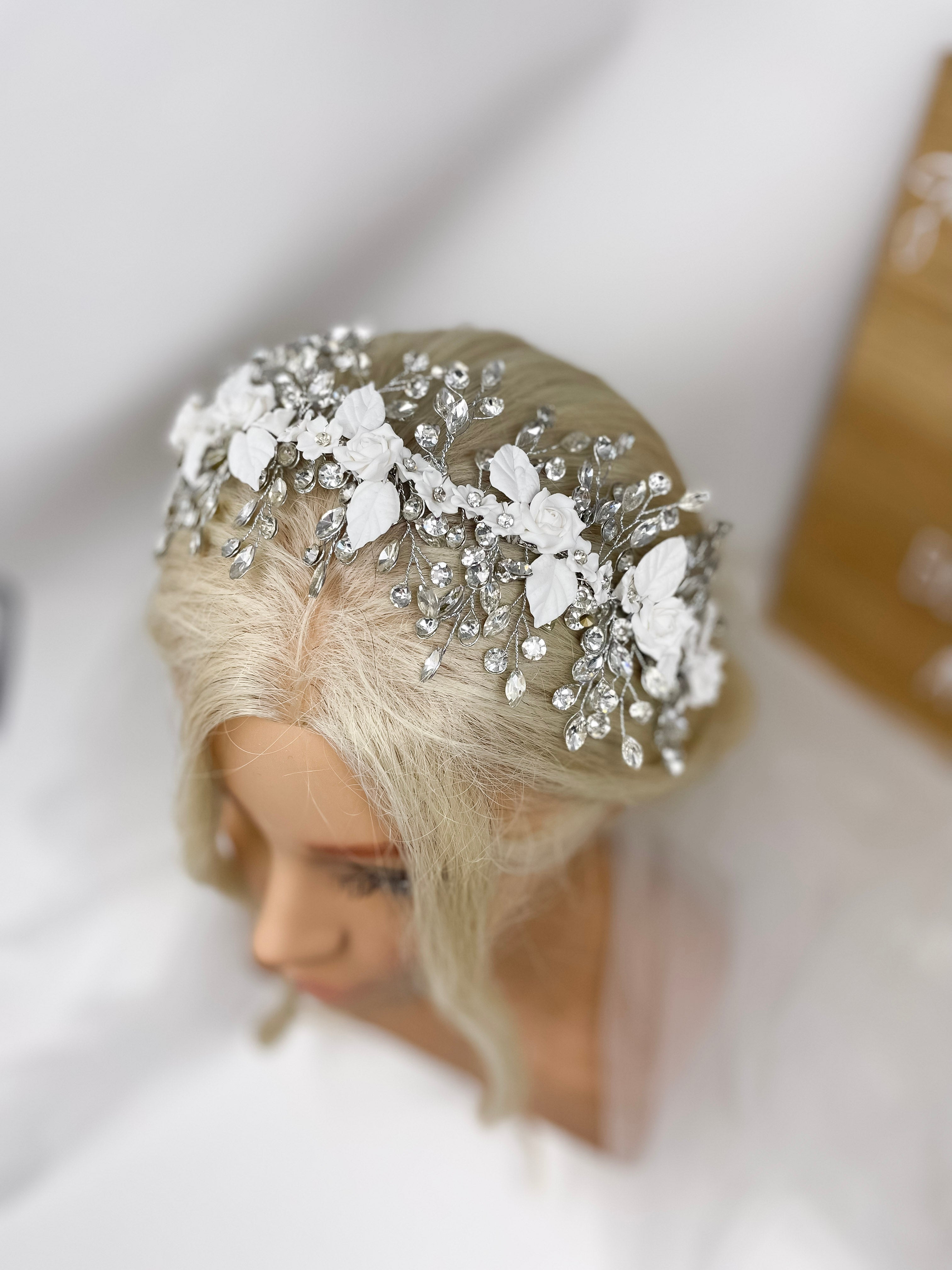 Crystal and Clay Flower Bridal Headband