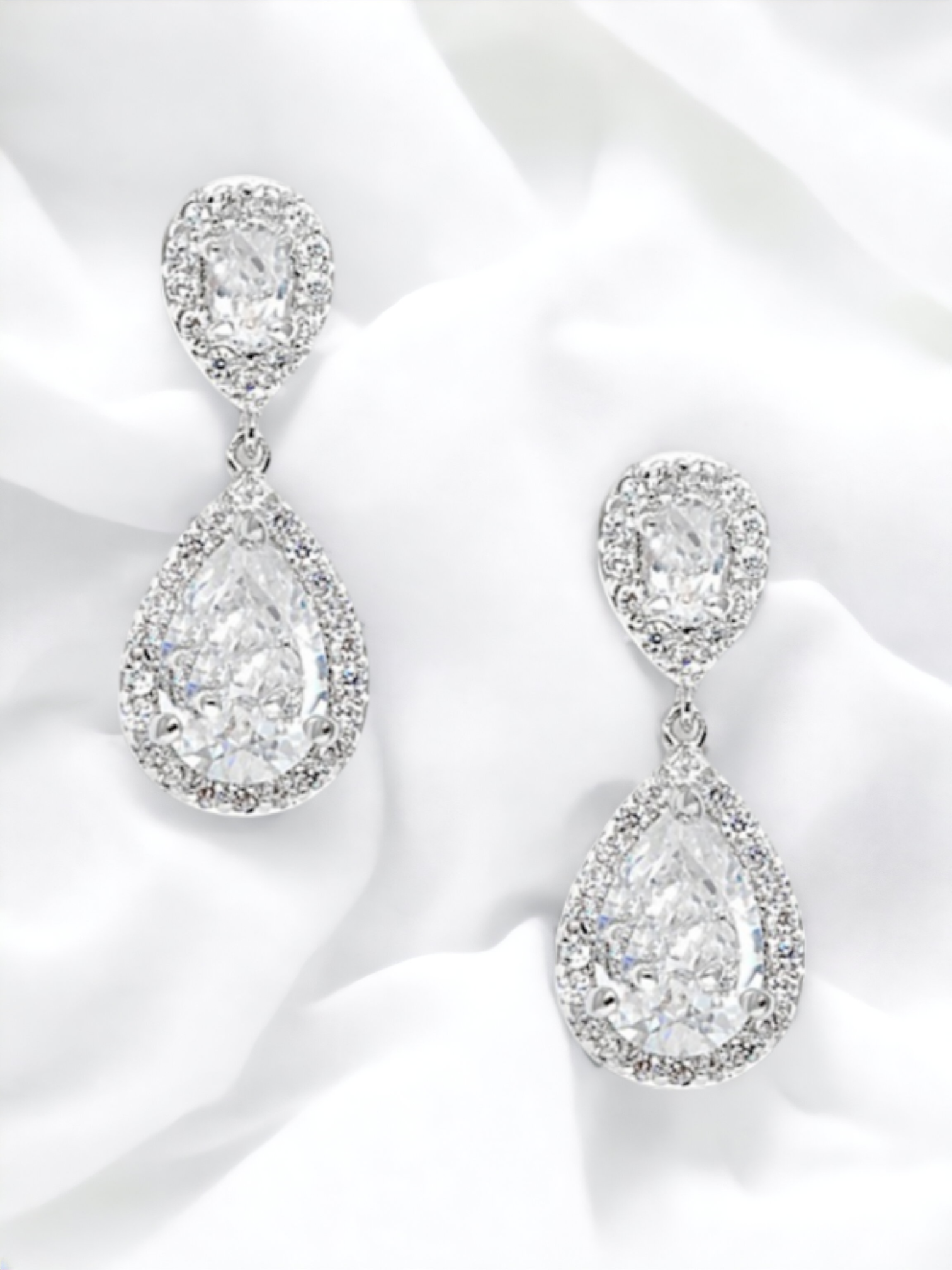 Silver Halo Teardrop Bridal Earrings