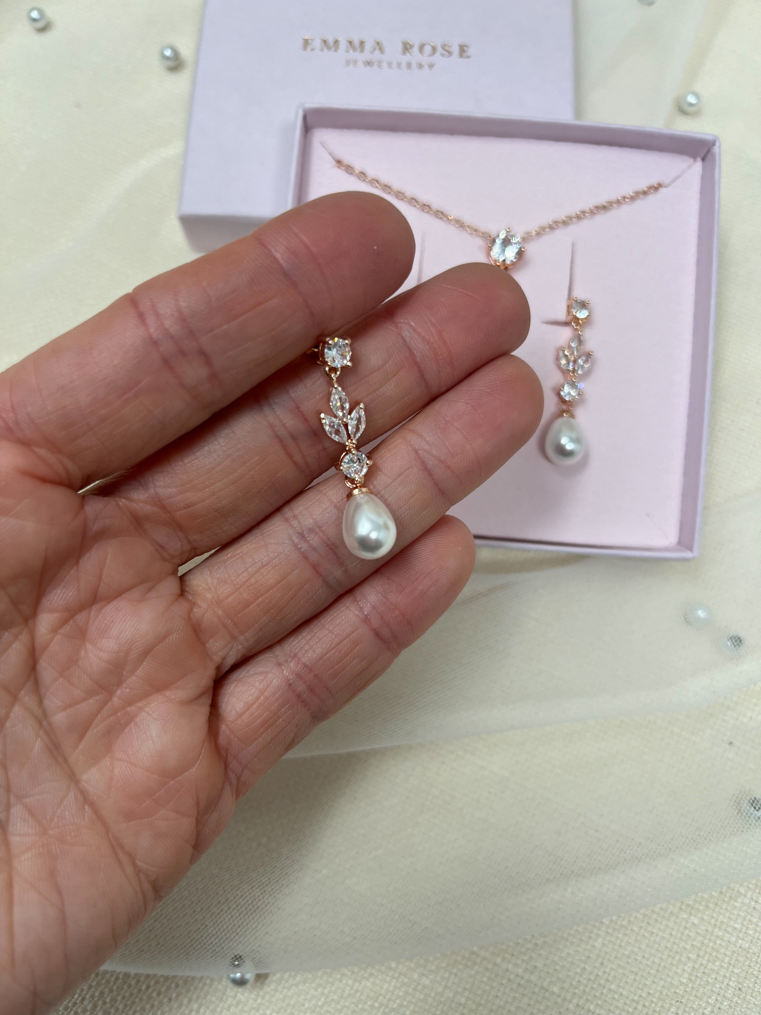 Rose Gold Pearl Drop Bridal Jewellery Set