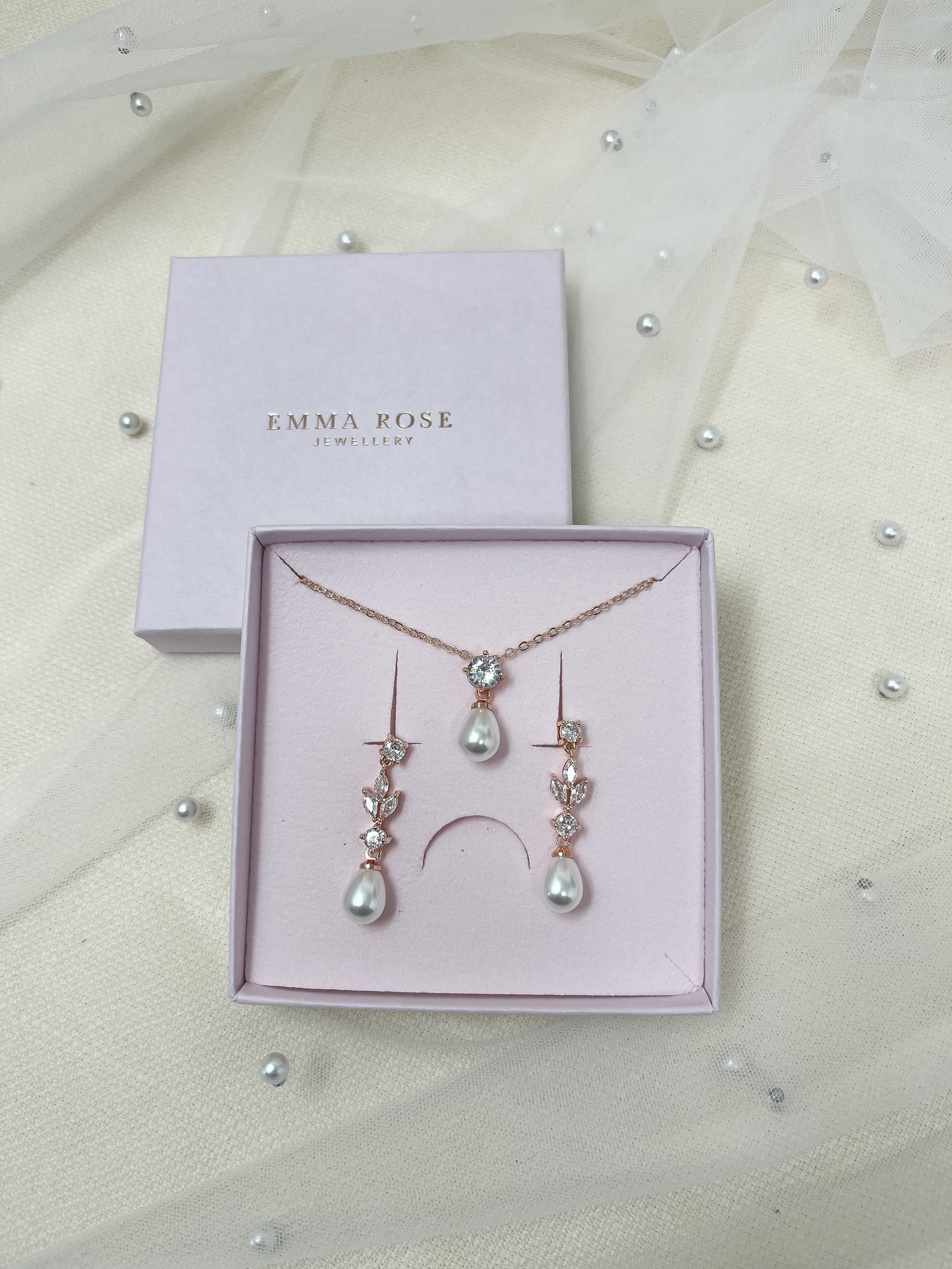Rose Gold Pearl Drop Bridal Jewellery Set