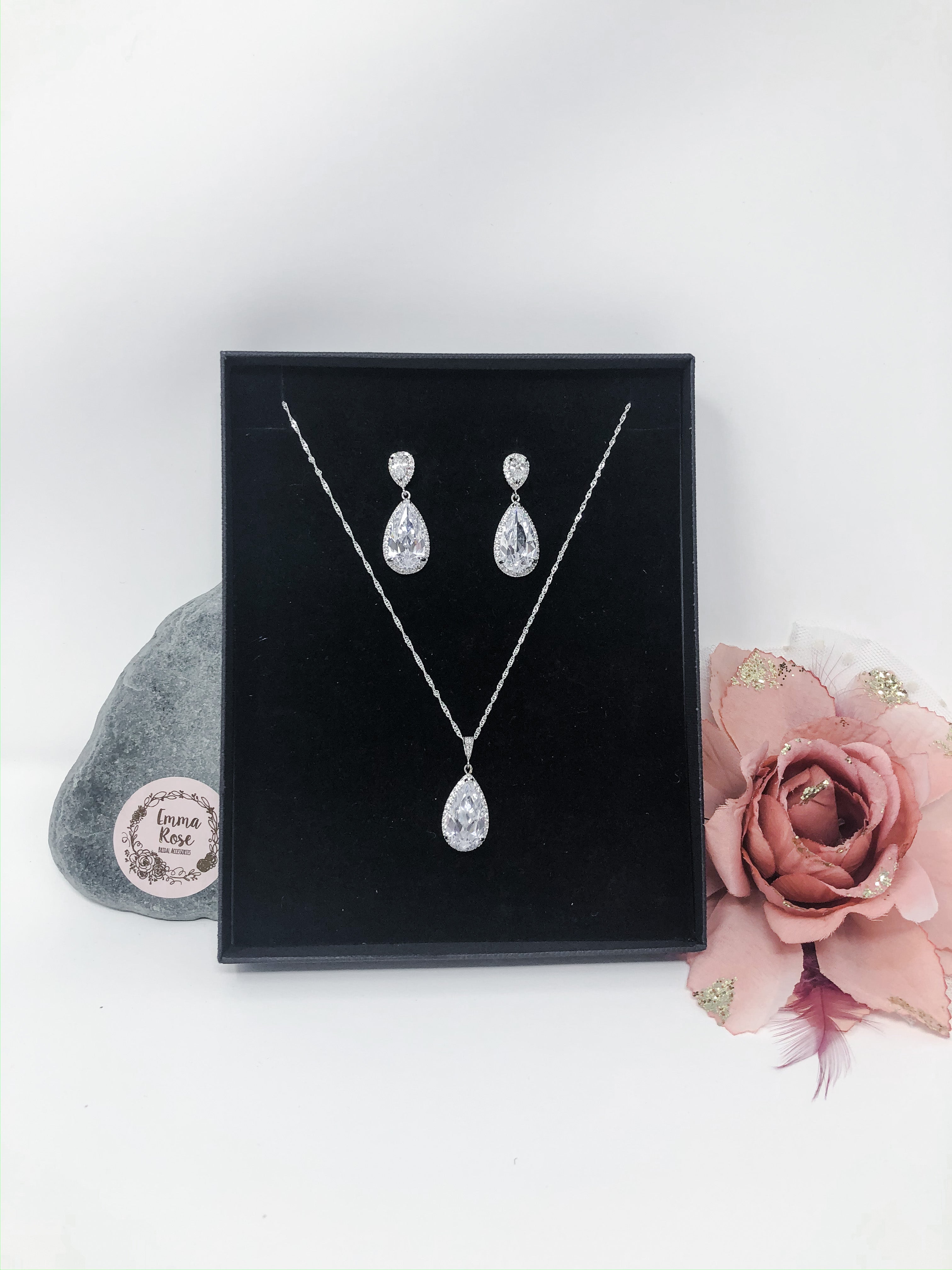 Large Halo Drop Bridal Jewellery Set