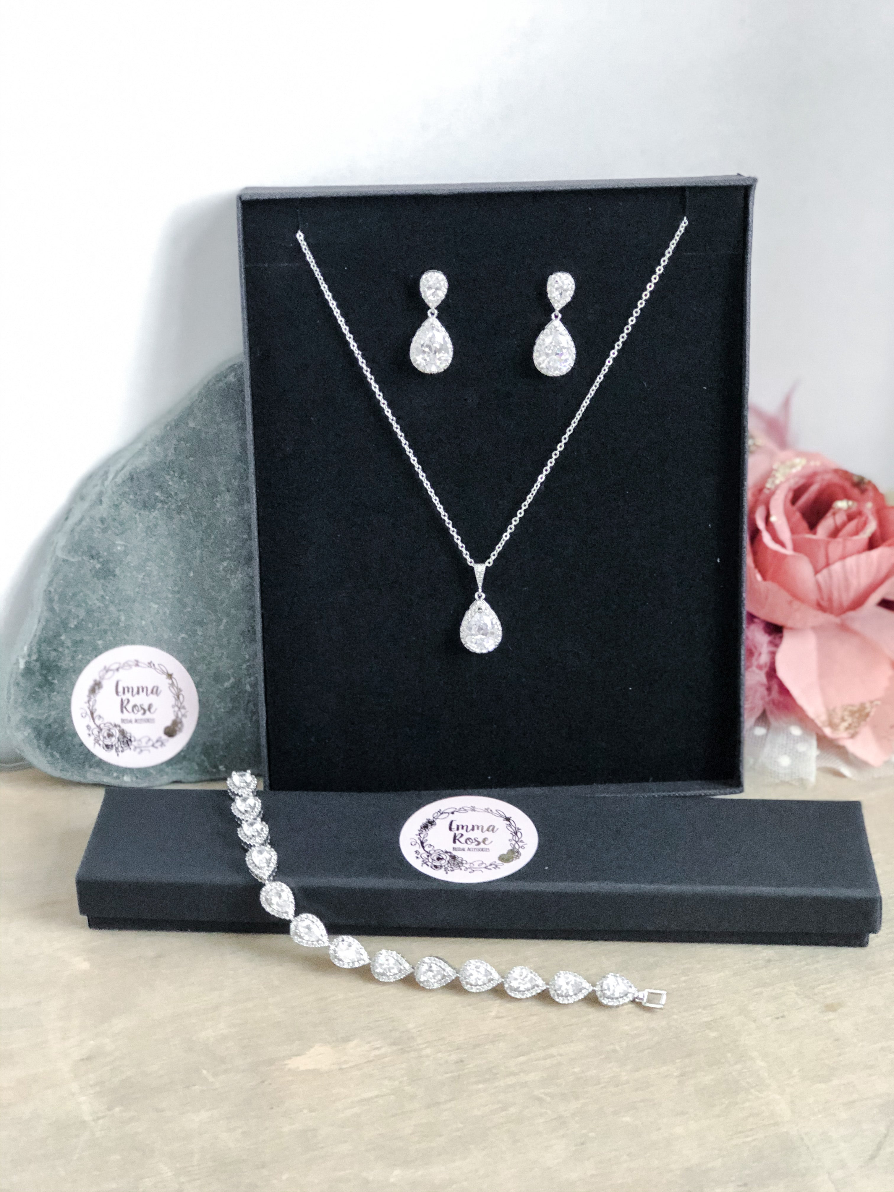 Double Halo Teardrop Bridal Jewellery Set