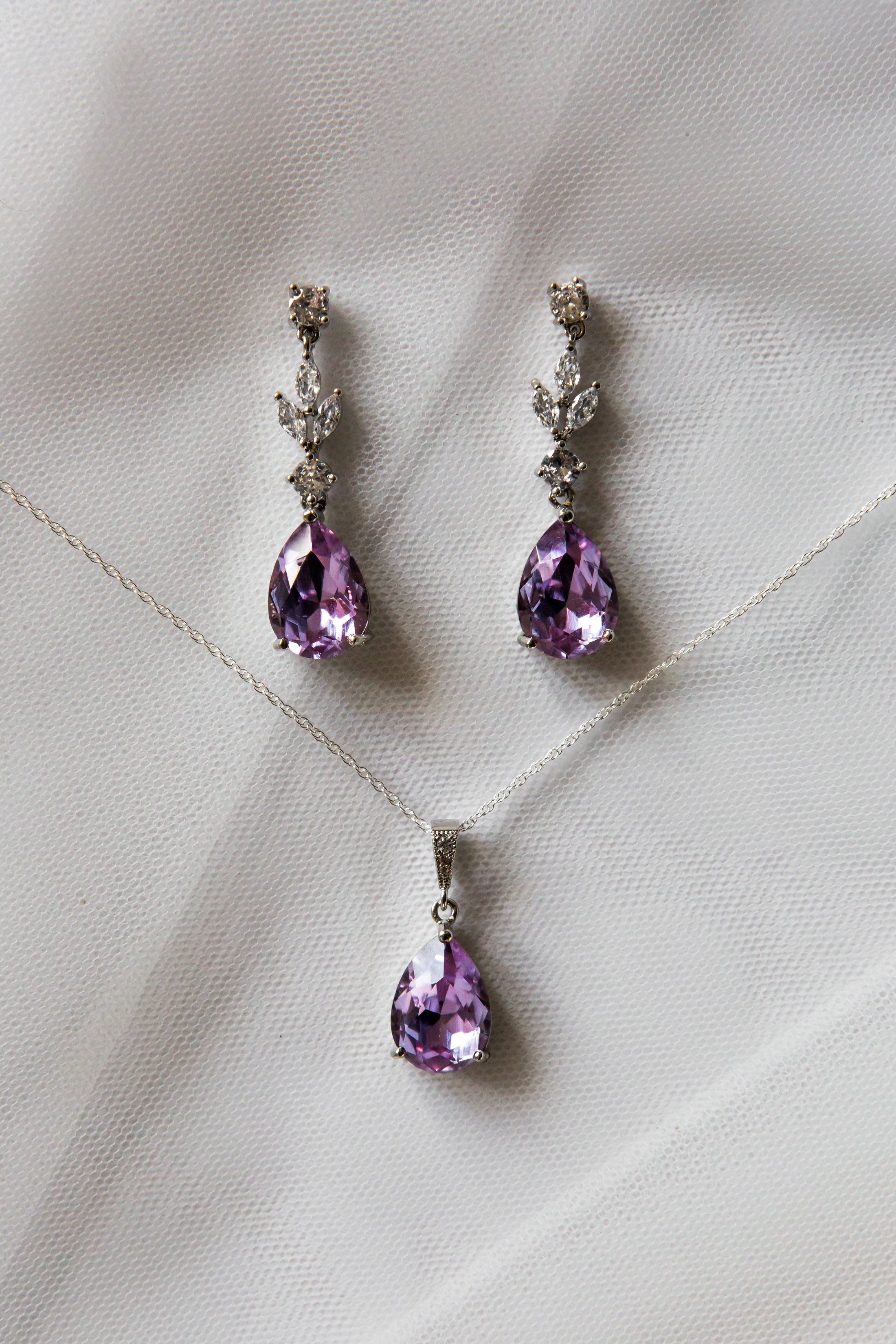 Lilac Purple Teardrop Bridal Jewellery Set