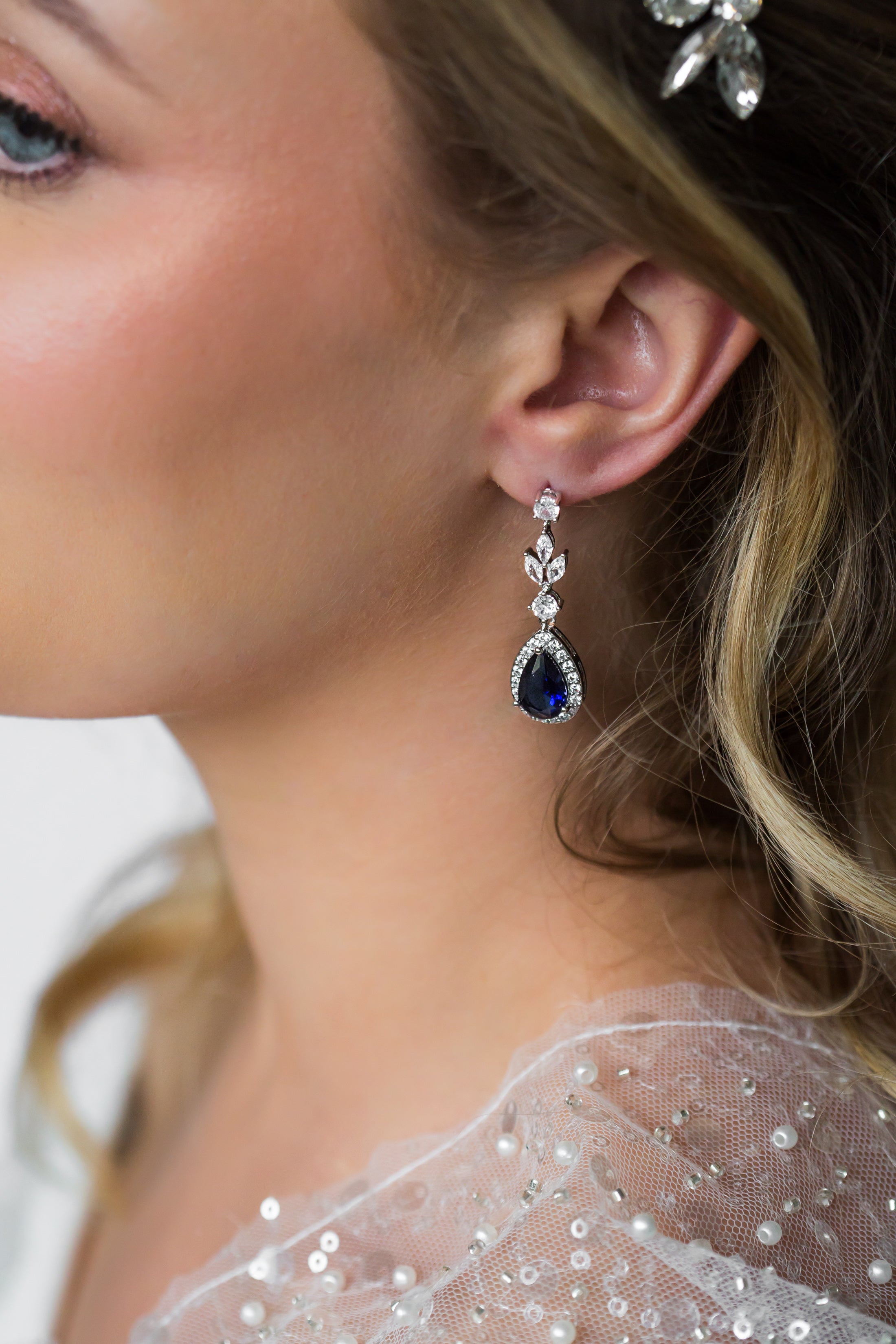Blue Sapphire Crystal Teardrop Bridal and Occasion Earrings