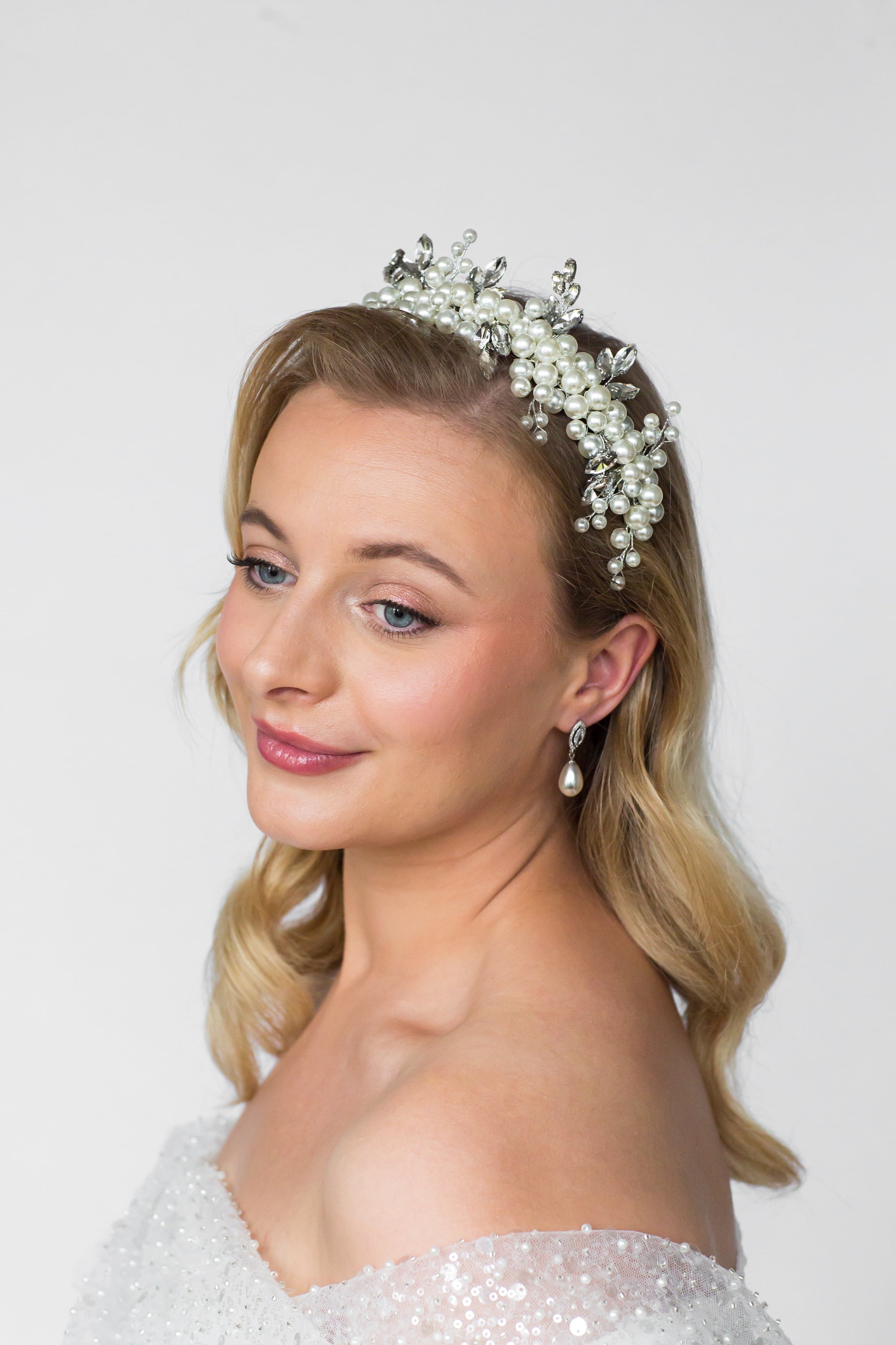 Cluster Pearl and Crystal Bridal Crown Tiara Headband