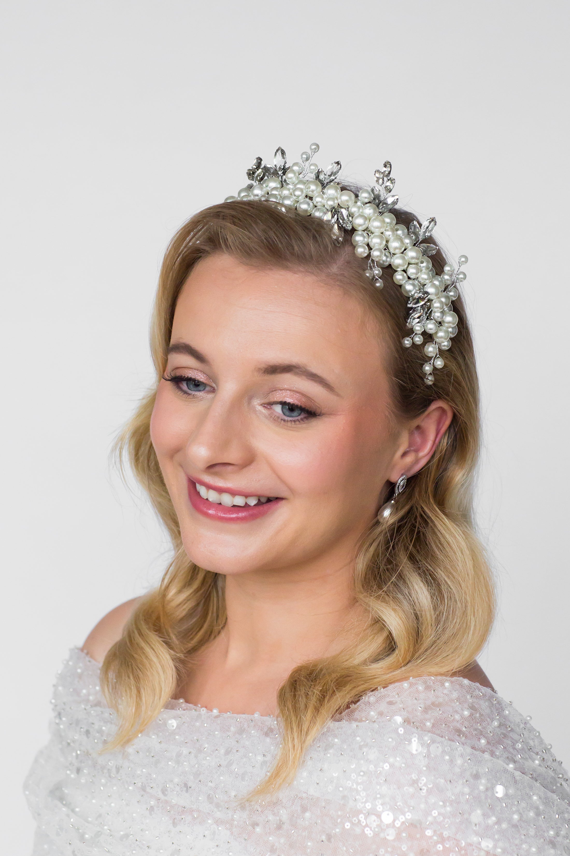 Cluster Pearl and Crystal Bridal Crown Tiara Headband