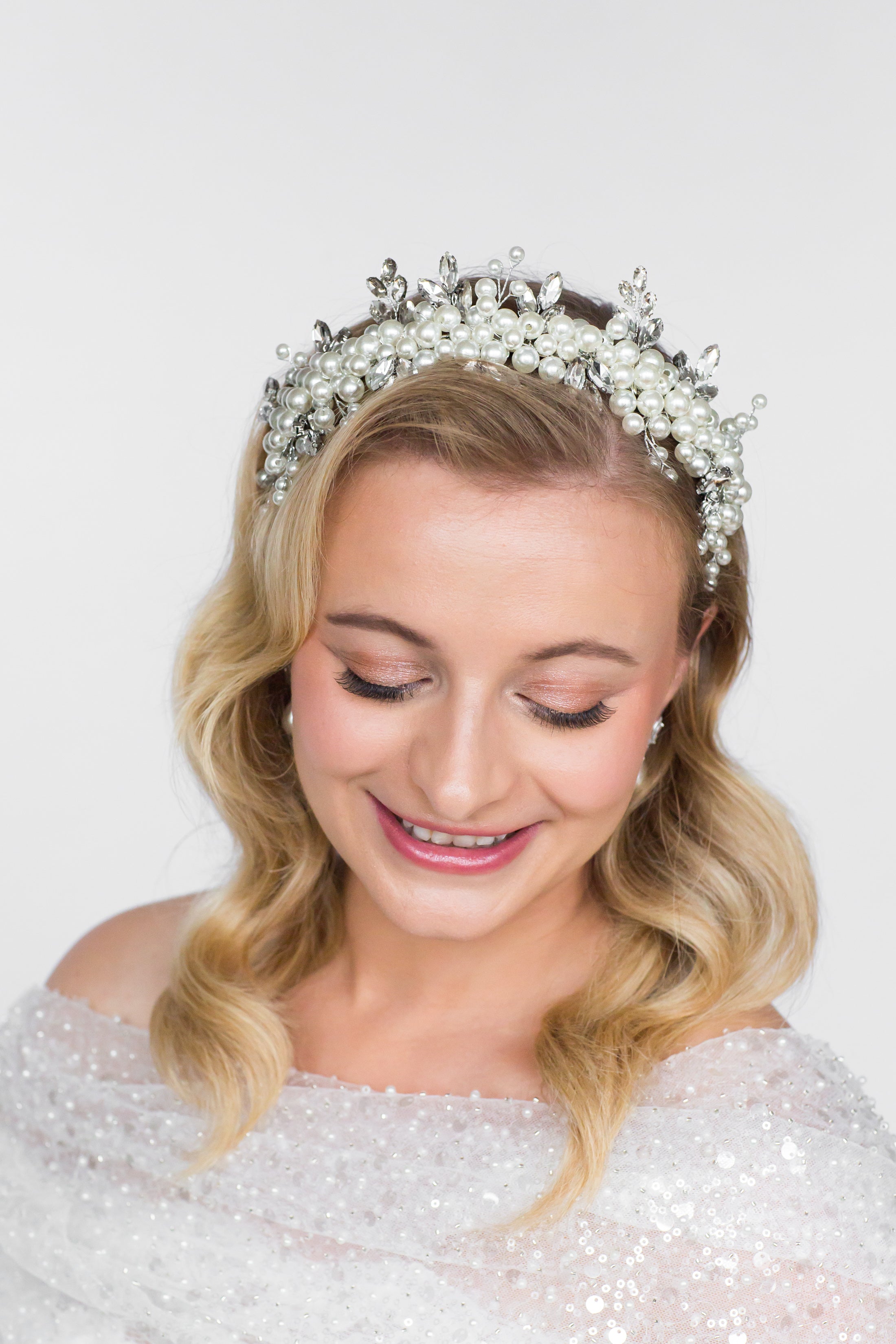 Cluster Pearl and Crystal Bridal Crown Tiara Headband