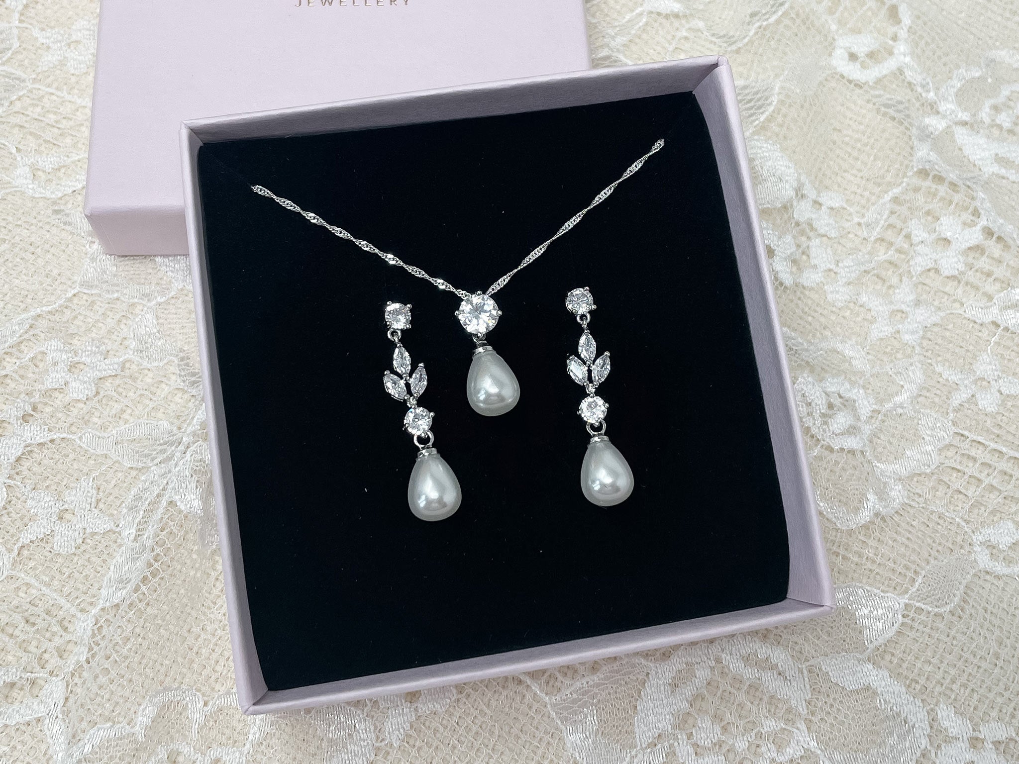 Pearl Drop Earring, Necklace and Bracelet Bridal Jewellery Set