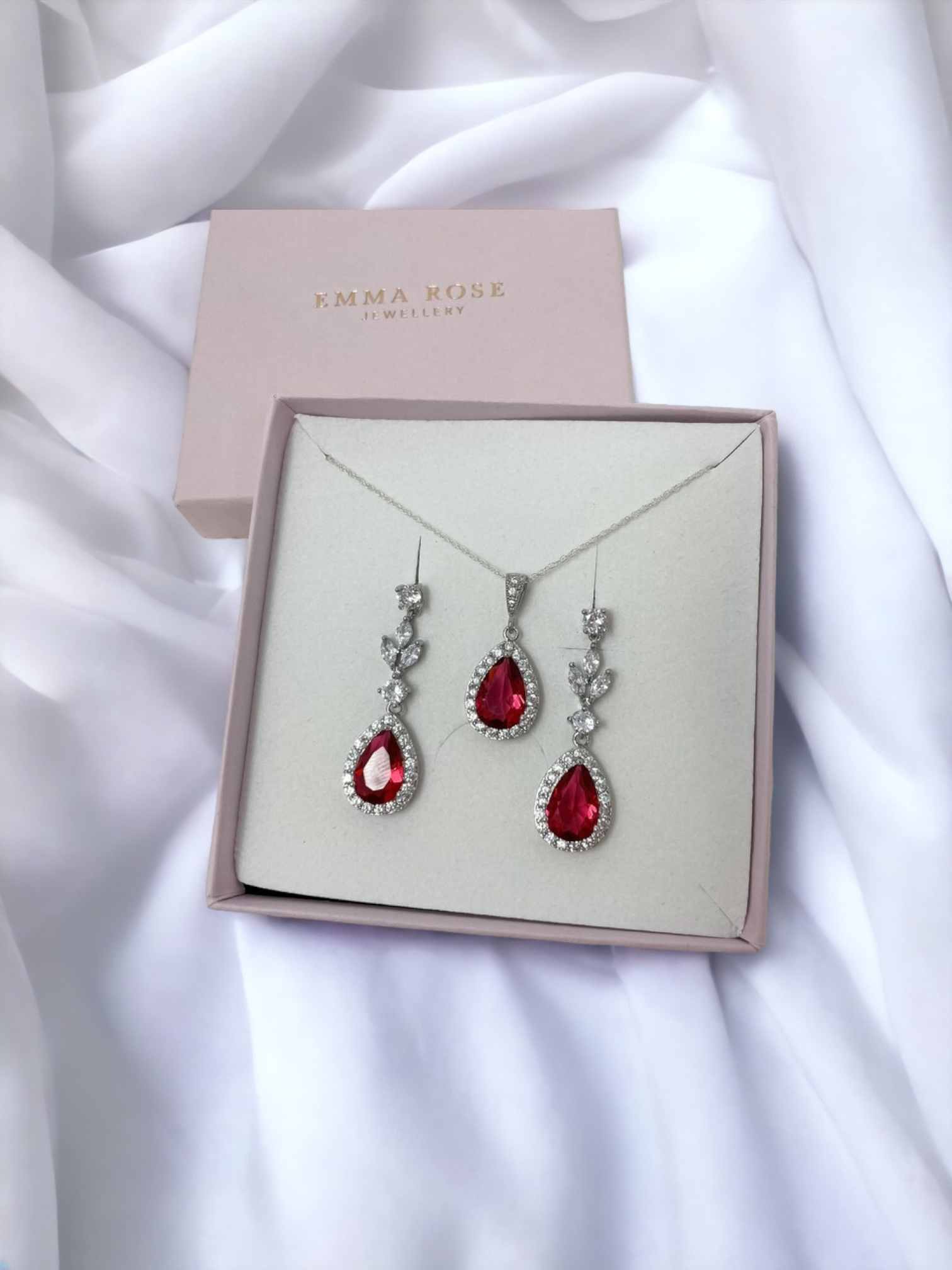 Ruby Red Crystal Teardrop Bridal Jewellery Set