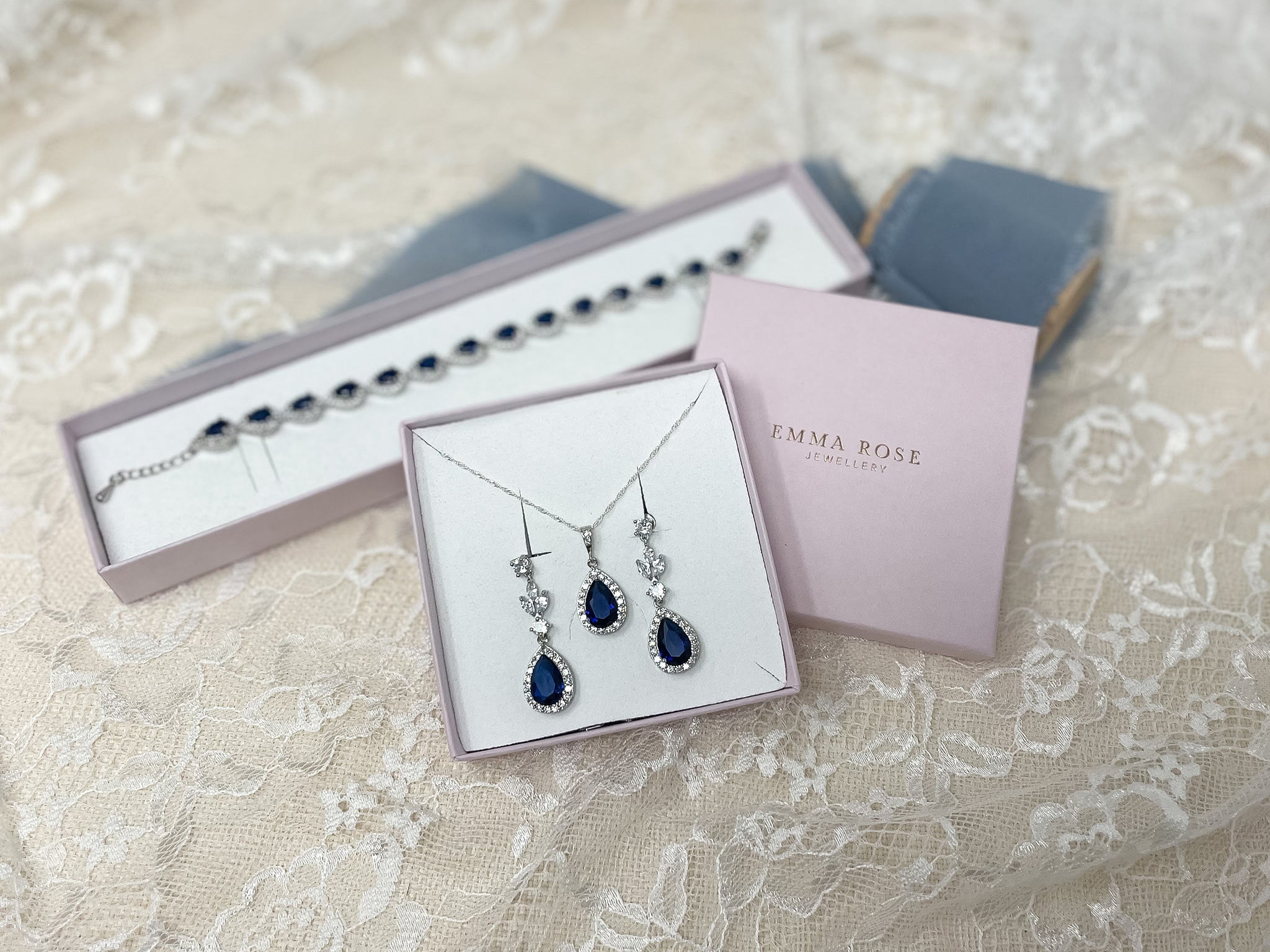 Sparkly Blue Cubic Zirconia Teardrop Necklace and Earring Set