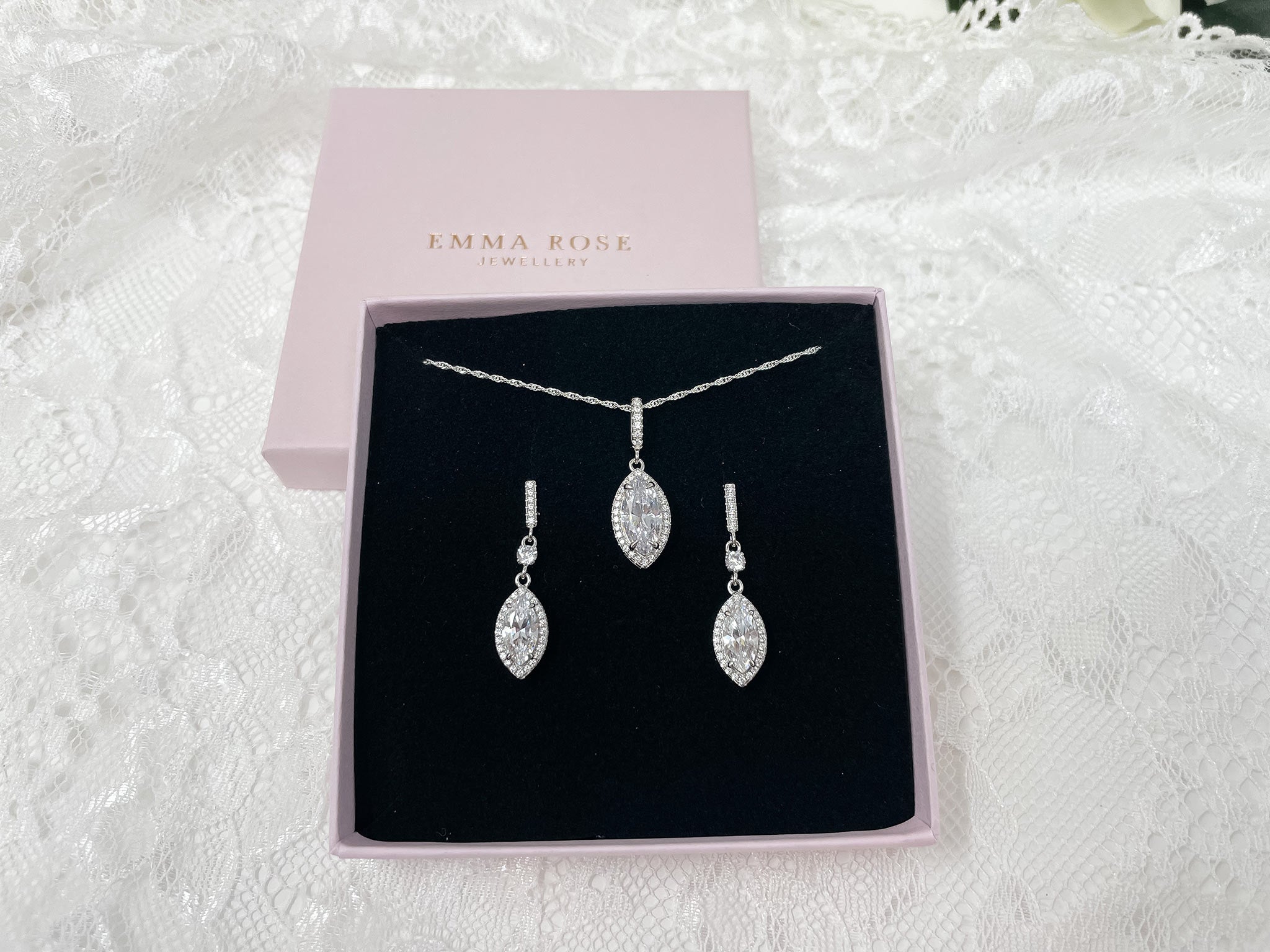 Sterling Silver Marquise Cut Drop Bridal Jewellery Set