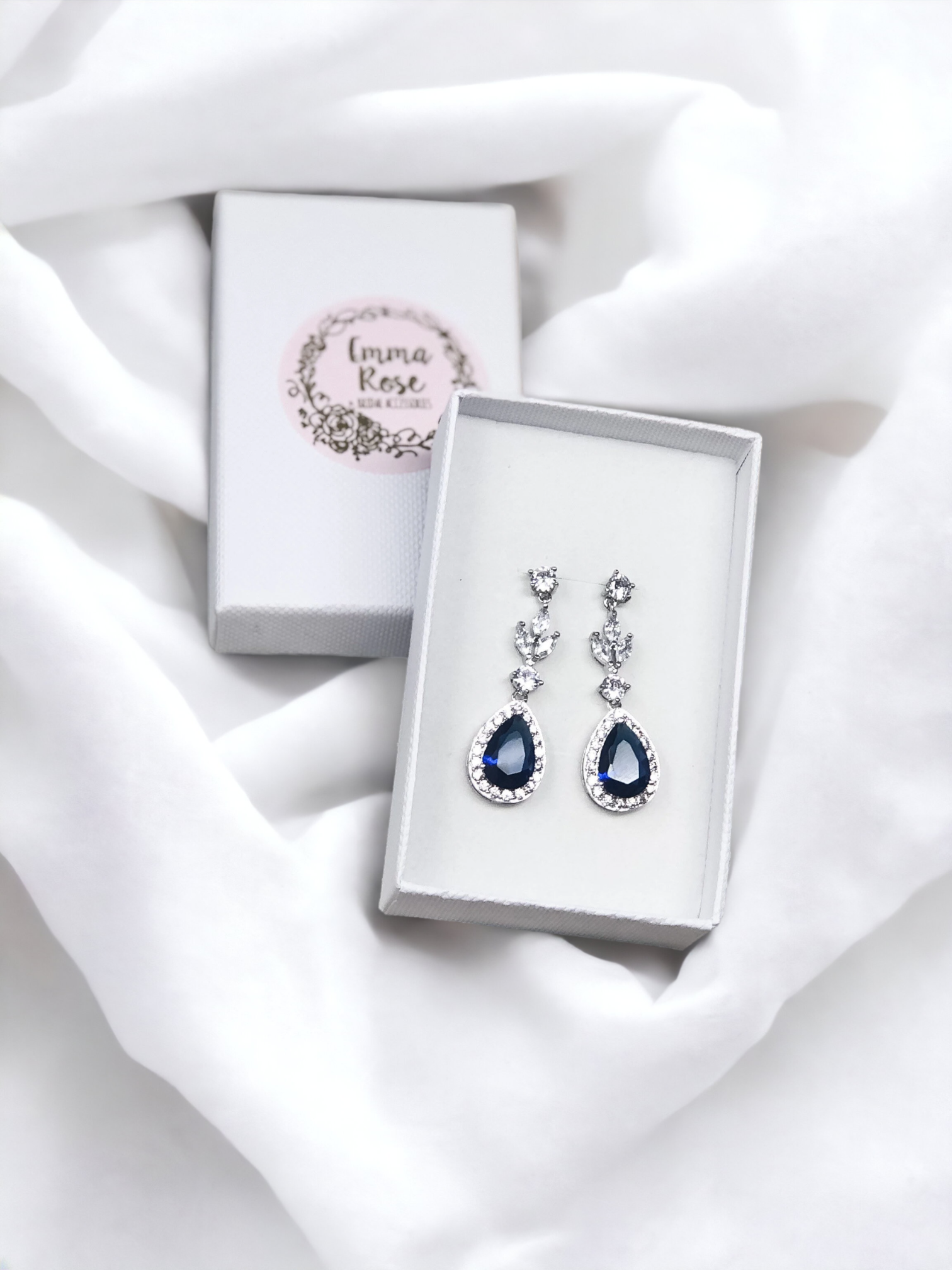 Blue Sapphire Crystal Teardrop Bridal and Occasion Earrings