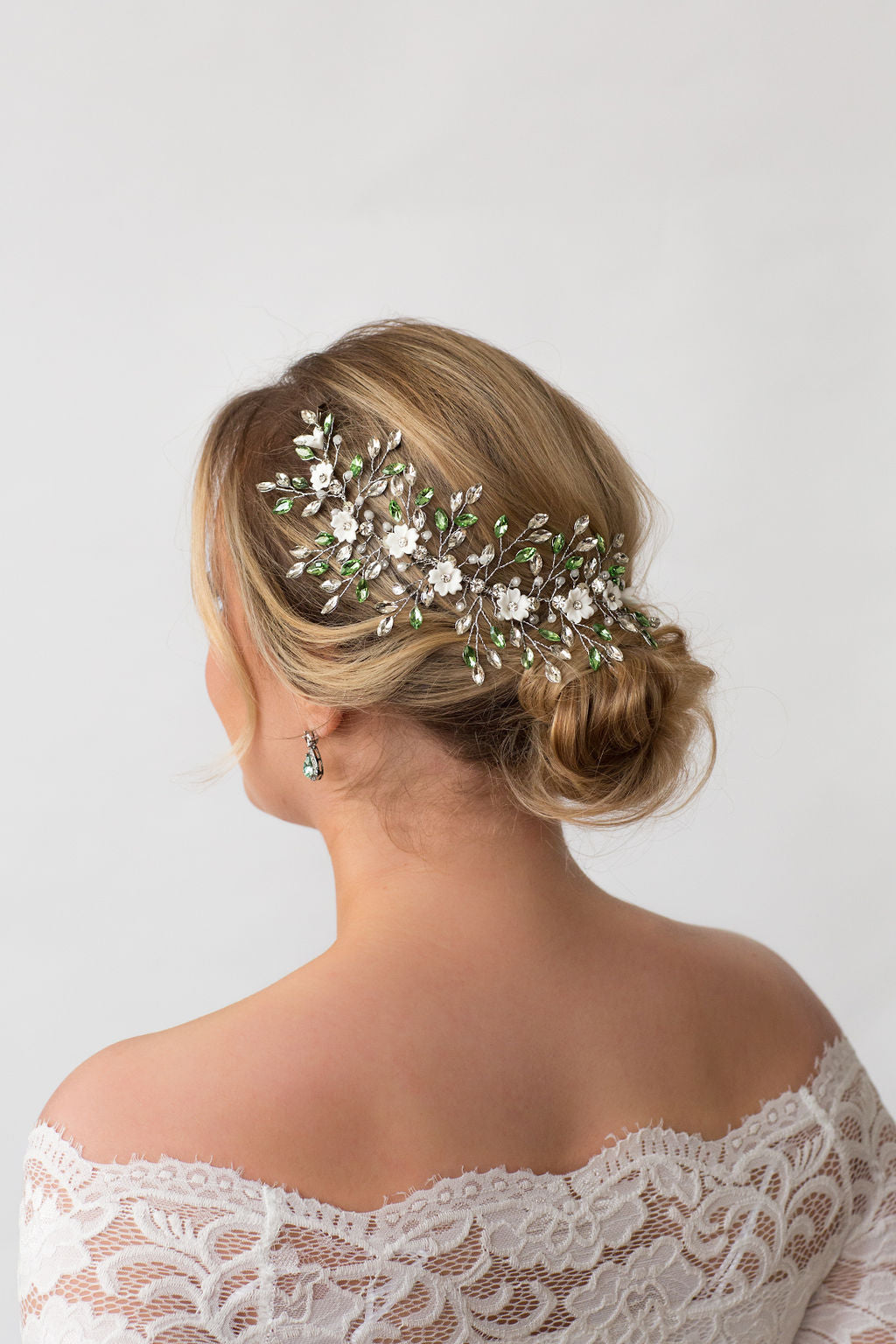 Sparkly Sage Green Crystal Flower Hair Vine