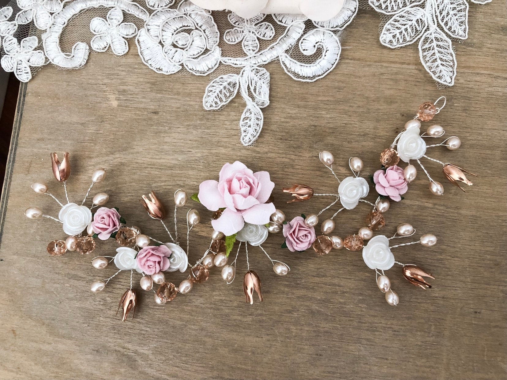 Blush Pink Floral Hair Piece Flower Vine Rose Gold