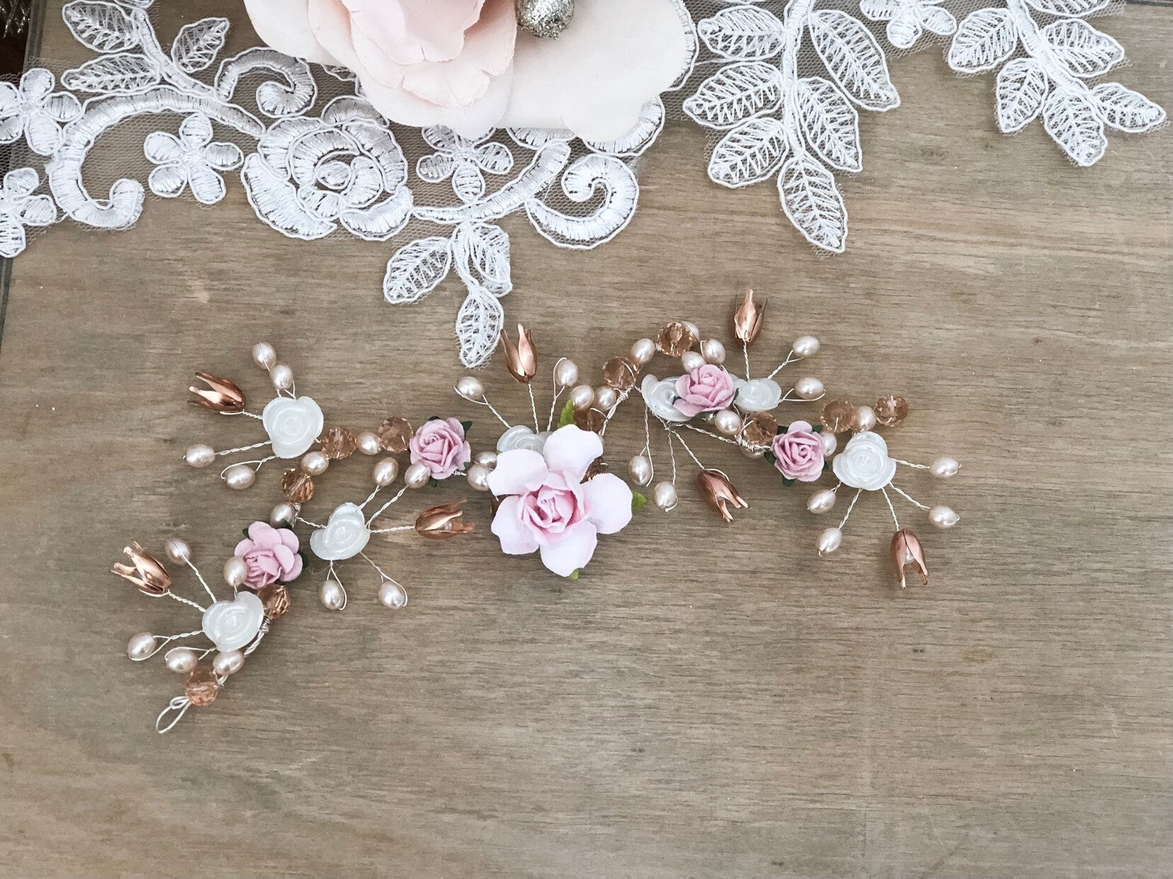 Blush Pink Floral Hair Piece Flower Vine Rose Gold