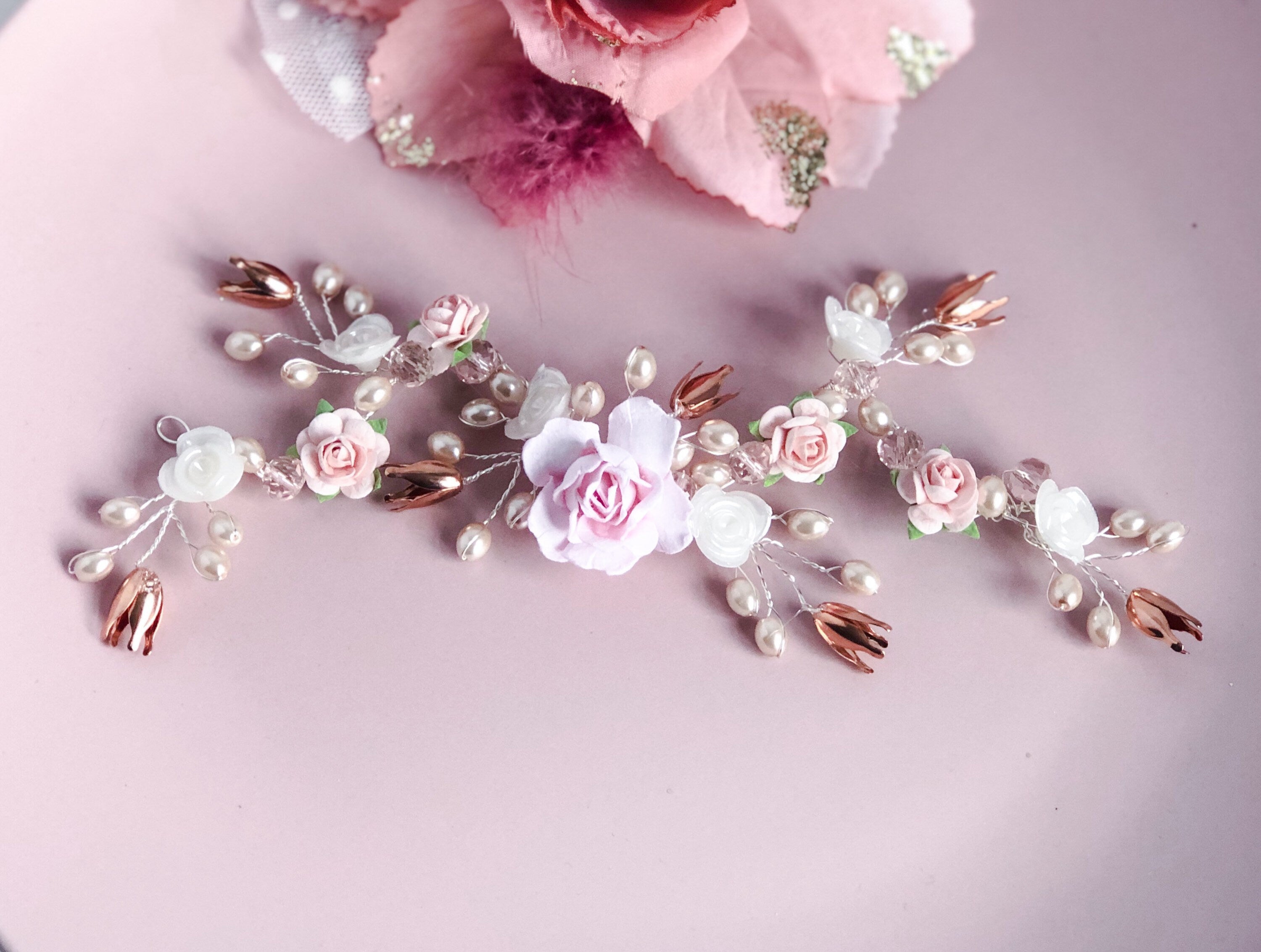Blush Pink Floral Hair Piece Flower Vine Rose Gold