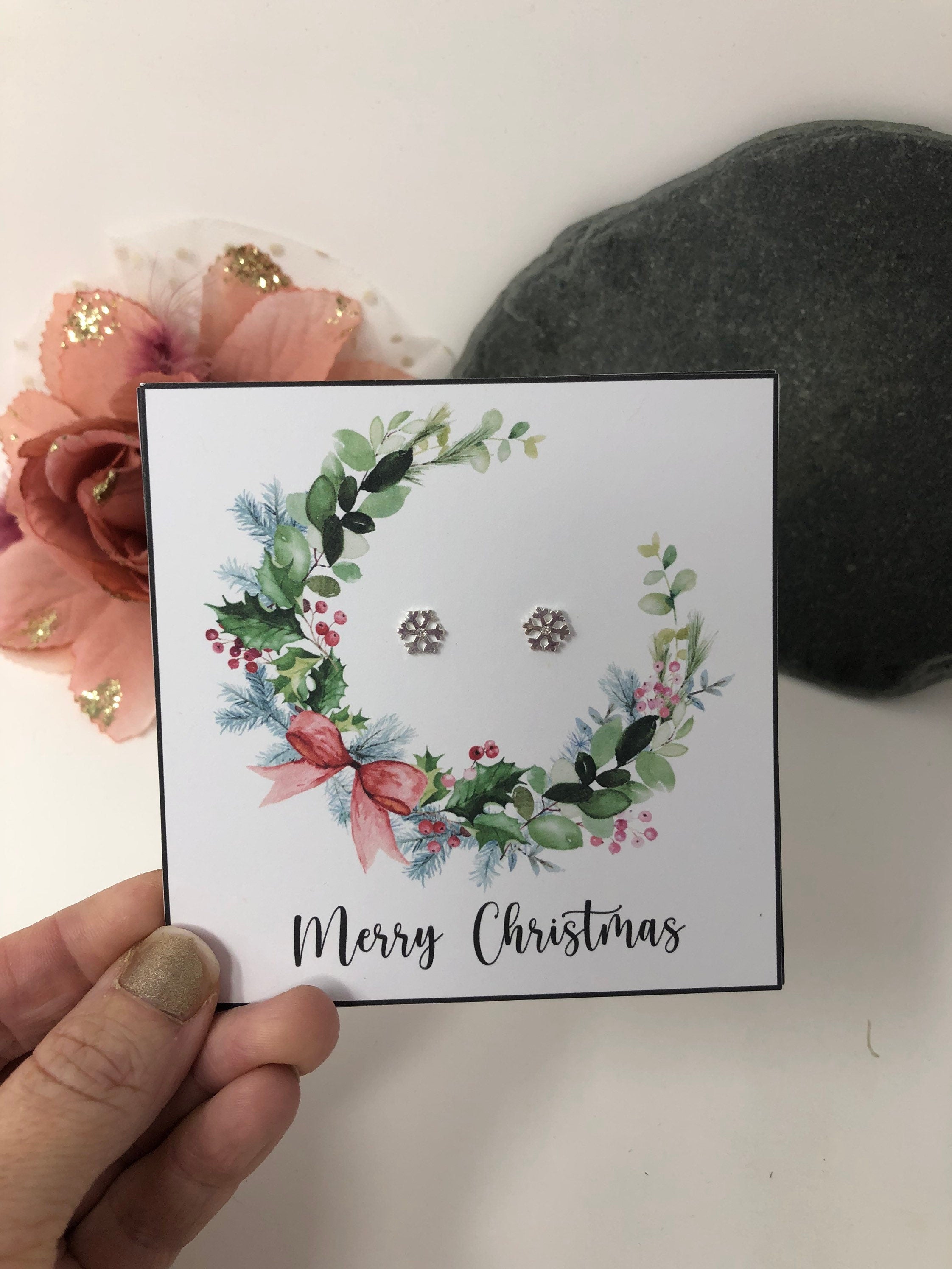 Christmas Earrings -Snowflake Earrings, Stocking Filler - Sterling Silver Studs - Snowflake Earrings - Merry Christmas Gift Box Gift For Her