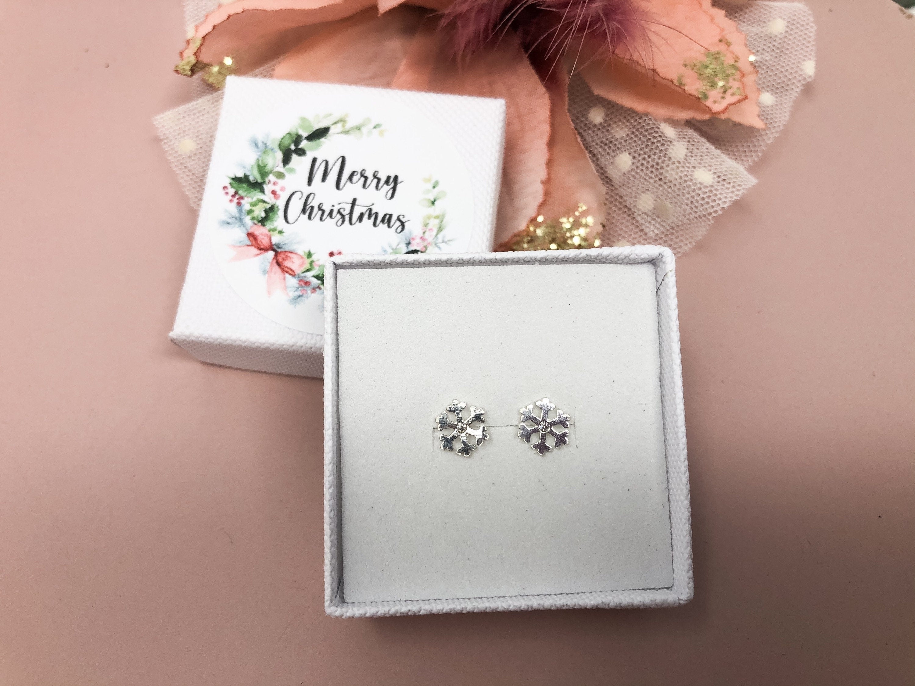 Christmas Earrings -Snowflake Earrings, Stocking Filler - Sterling Silver Studs - Snowflake Earrings - Merry Christmas Gift Box Gift For Her
