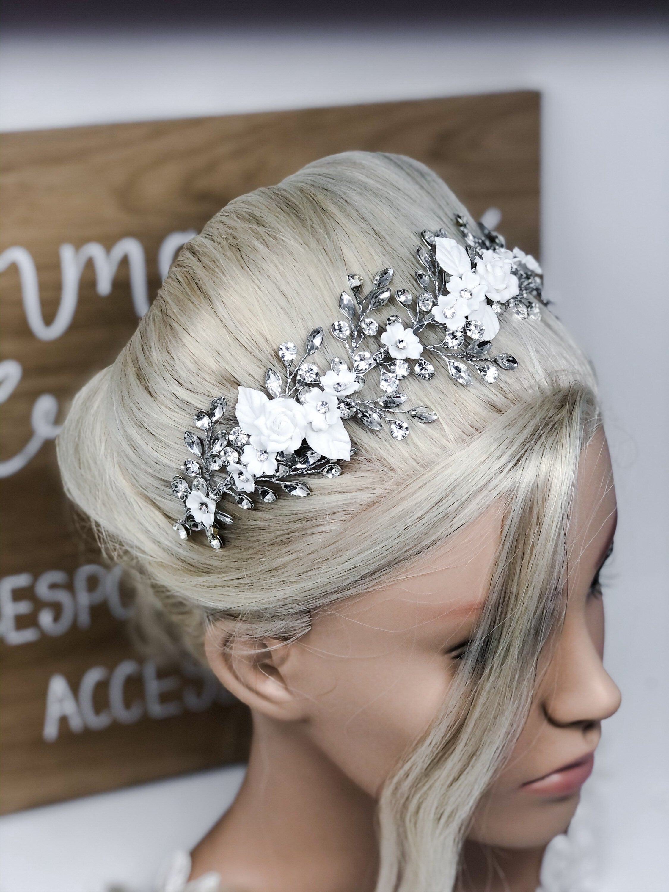 Bridal Crystal Clay Flower Delicate Statement Headpiece