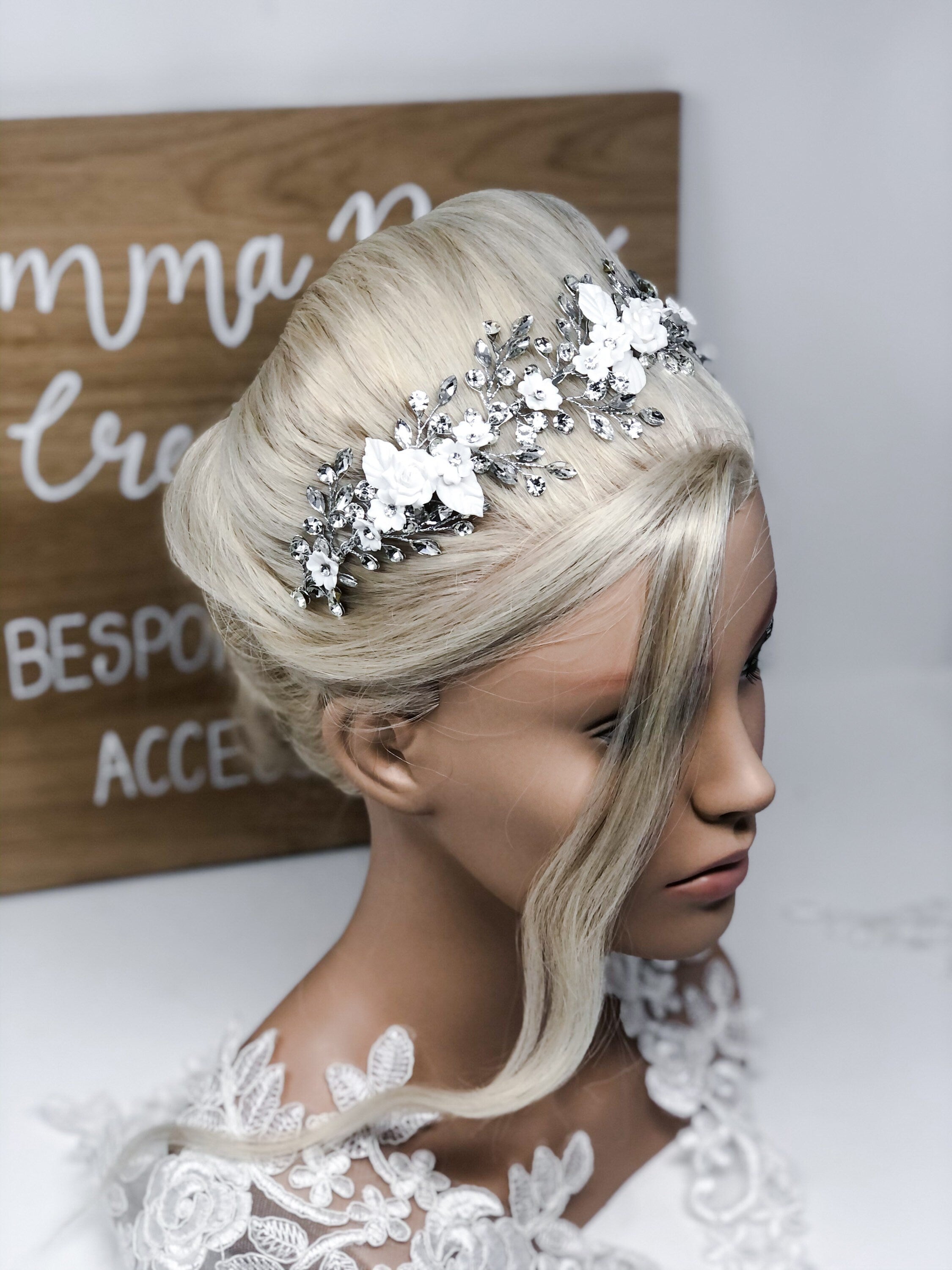 Bridal Crystal Clay Flower Delicate Statement Headpiece