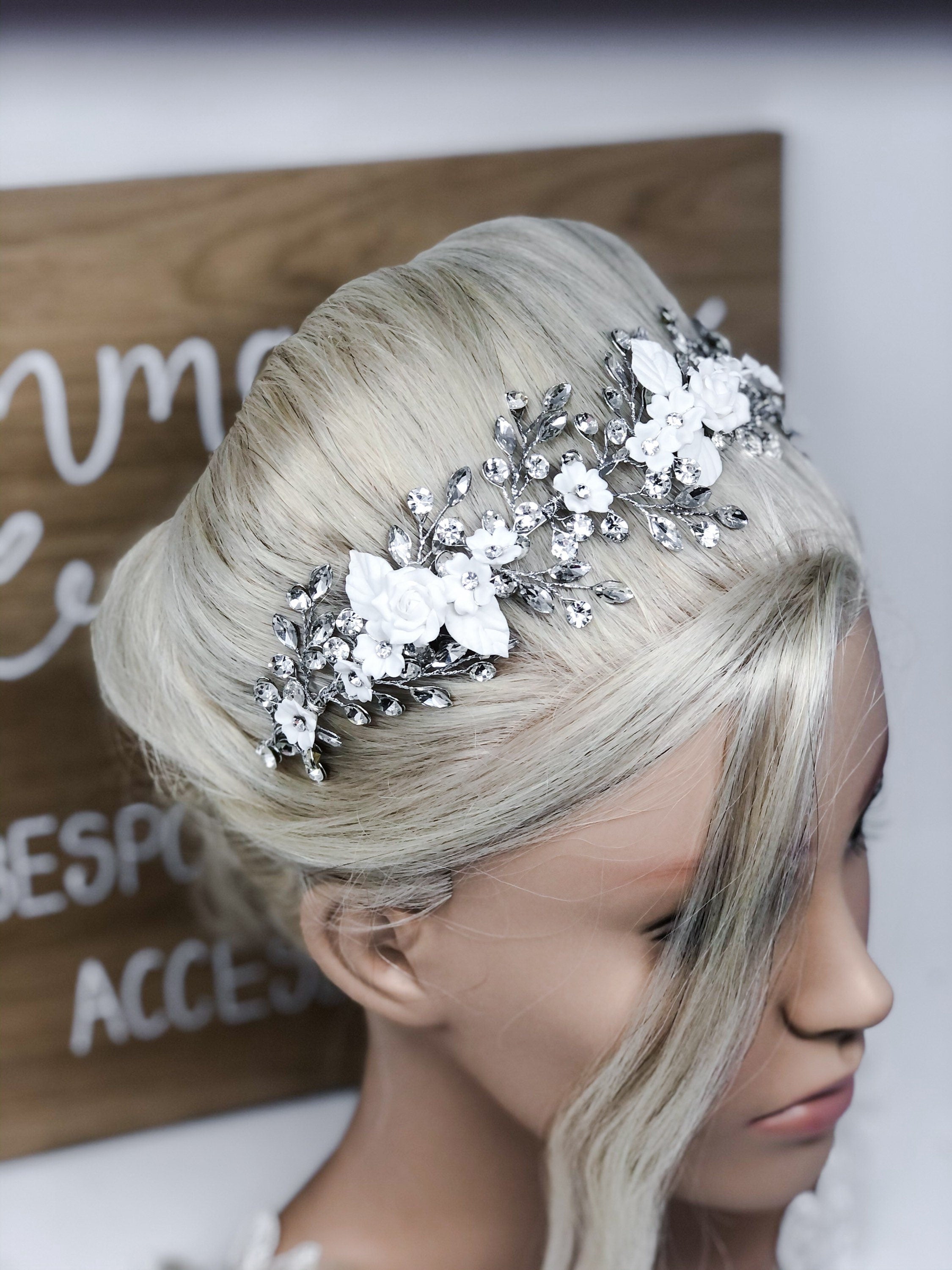 Bridal Crystal Clay Flower Delicate Statement Headpiece