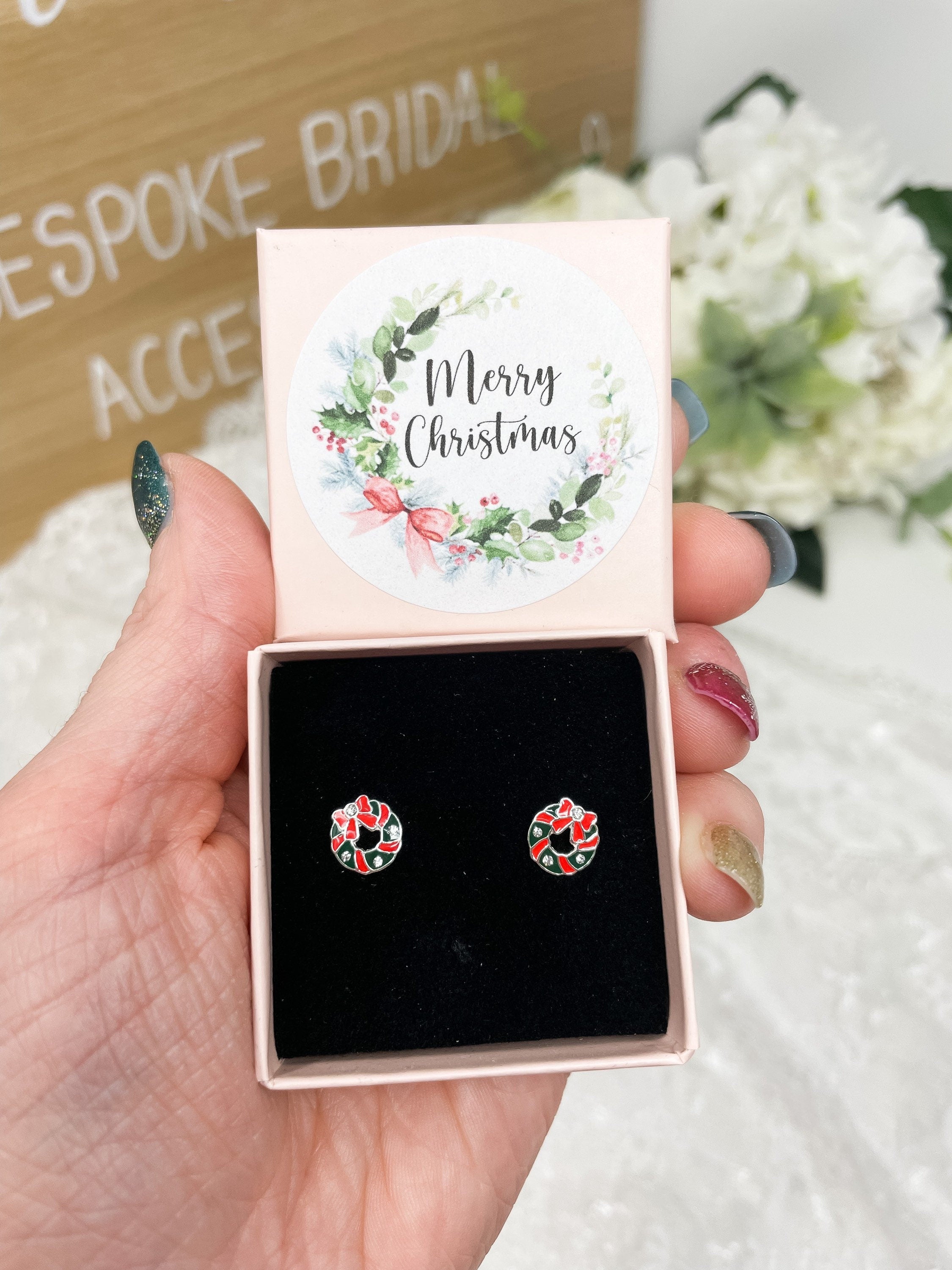 Christmas Earrings - Holly Wreath Earrings, Stocking Filler - Sterling Silver Studs - Berries - Merry Christmas Gift Box Gift For Her