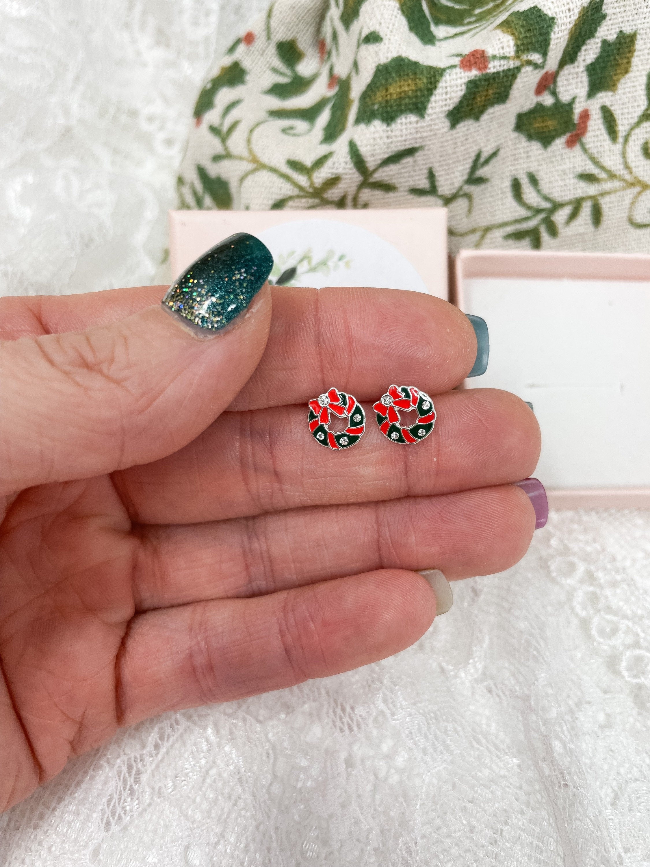 Christmas Earrings - Holly Wreath Earrings, Stocking Filler - Sterling Silver Studs - Berries - Merry Christmas Gift Box Gift For Her