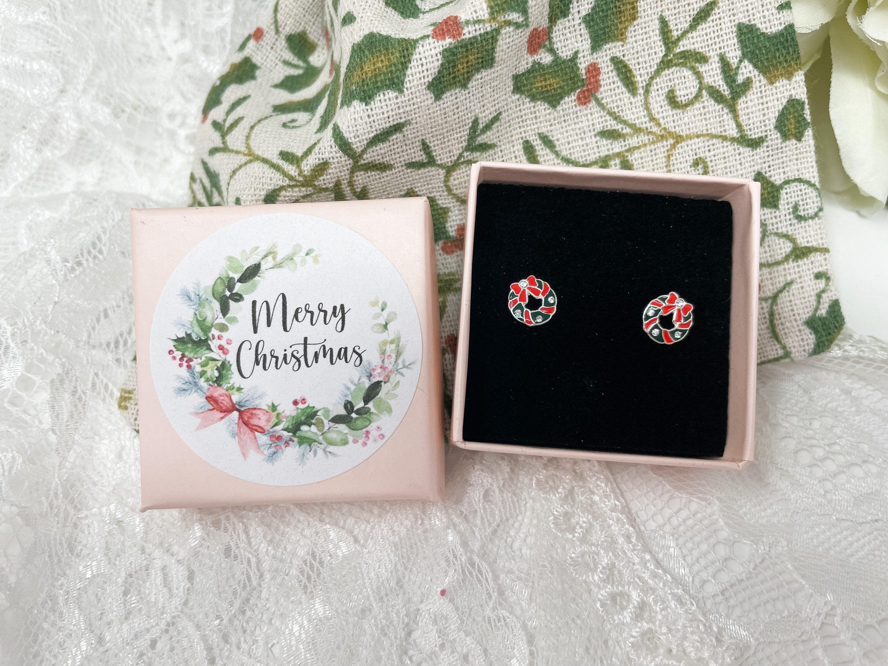 Christmas Earrings - Holly Wreath Earrings, Stocking Filler - Sterling Silver Studs - Berries - Merry Christmas Gift Box Gift For Her
