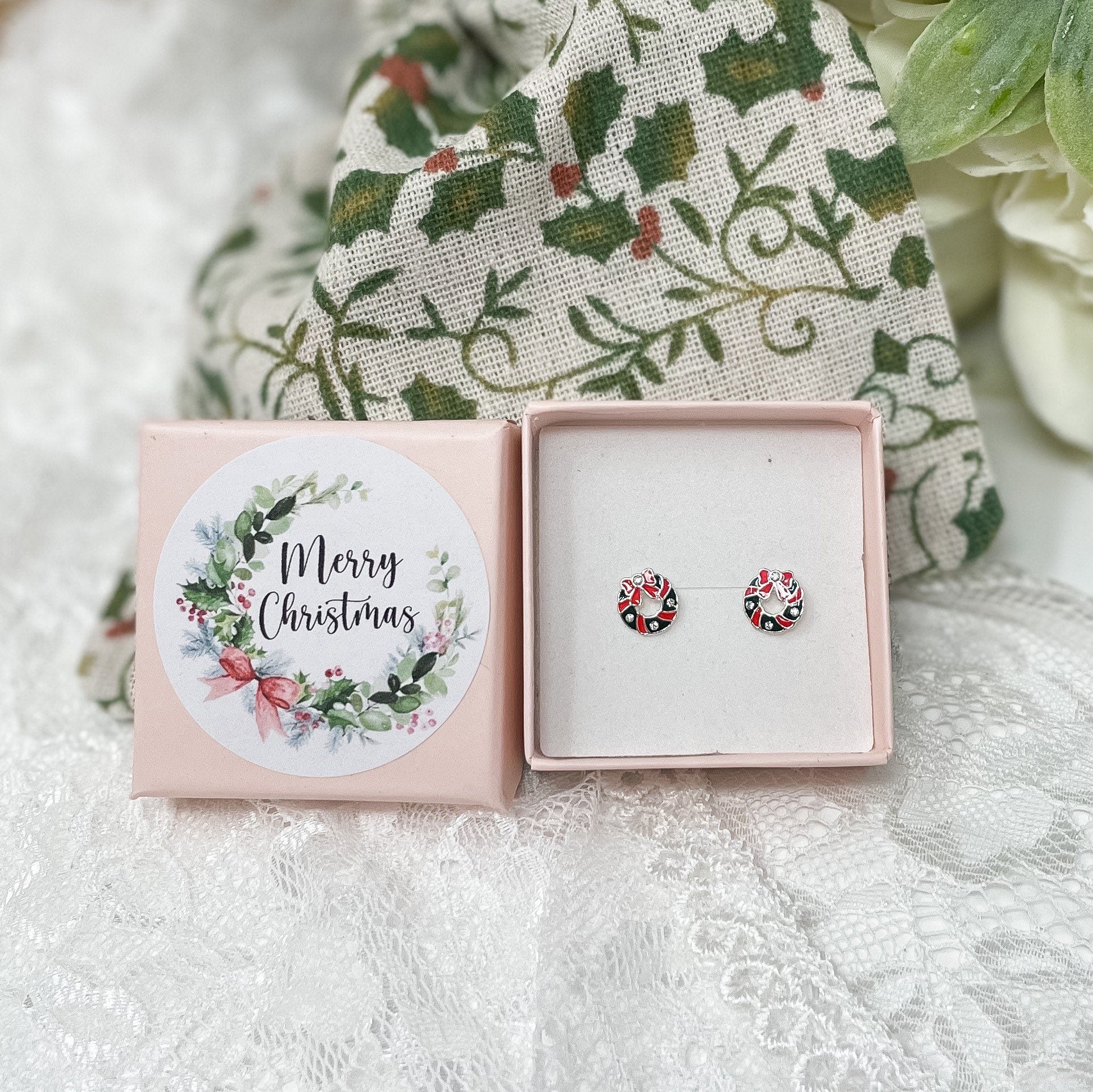 Christmas Earrings - Holly Wreath Earrings, Stocking Filler - Sterling Silver Studs - Berries - Merry Christmas Gift Box Gift For Her
