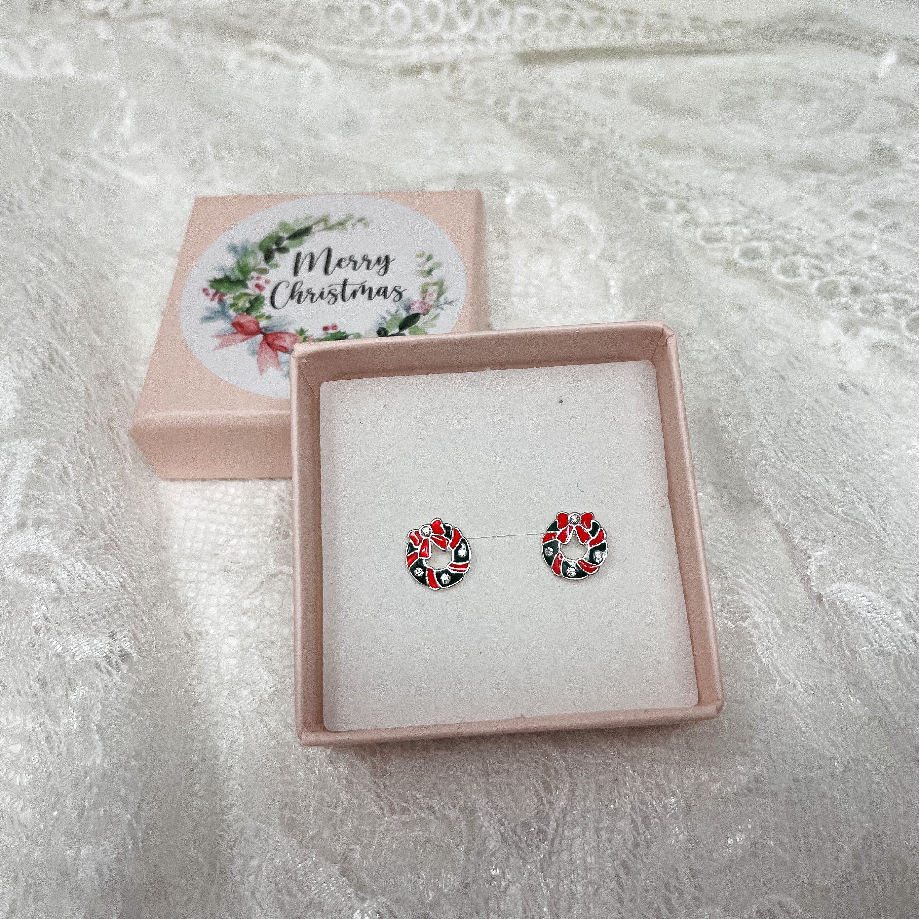 Christmas Earrings - Holly Wreath Earrings, Stocking Filler - Sterling Silver Studs - Berries - Merry Christmas Gift Box Gift For Her