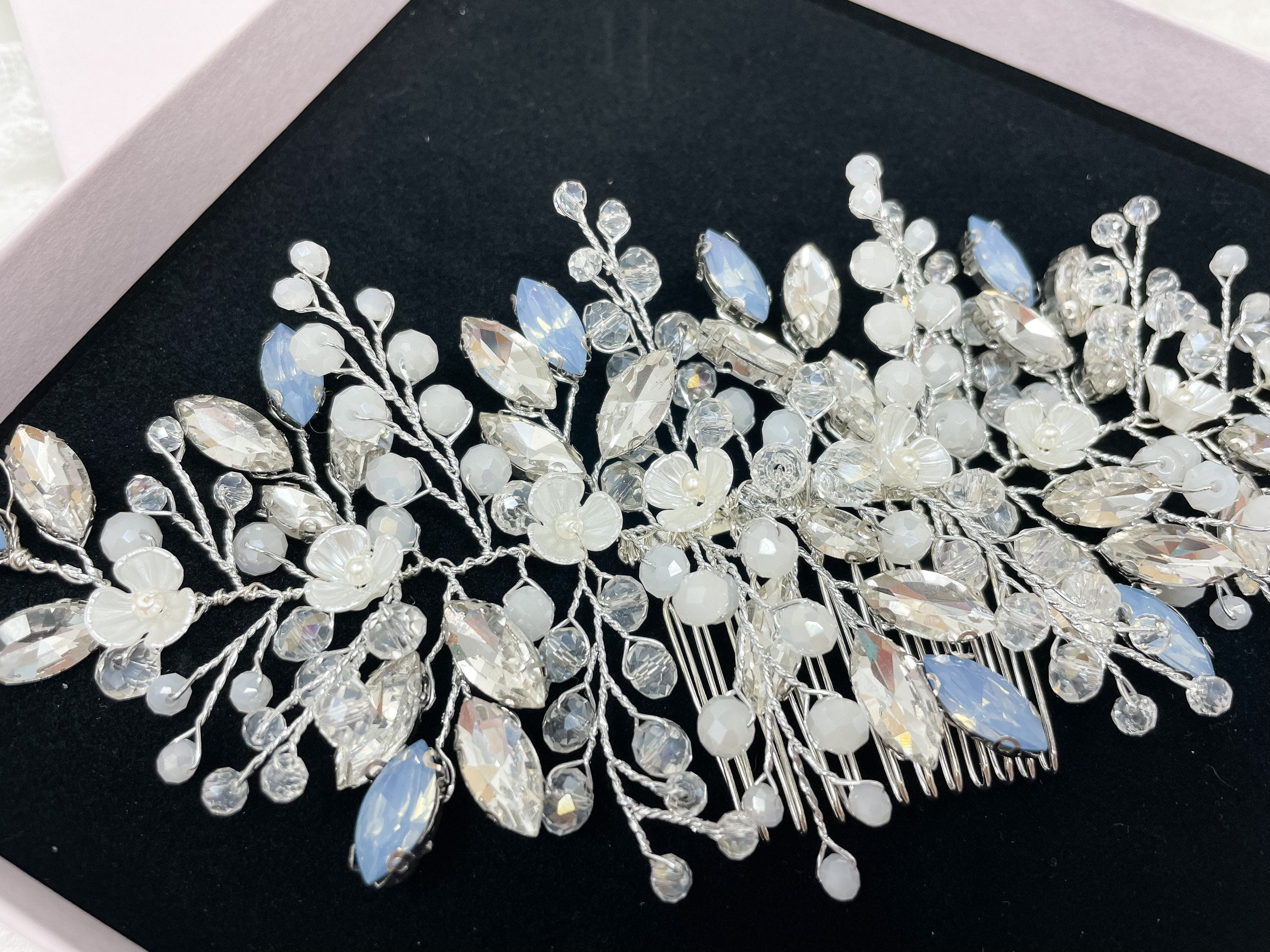 Large Sparkly Silver Blue Opal Crystal Hair Comb - Hair Vine - Bridal Hair Piece | Statement Hair Comb | Bride Comb