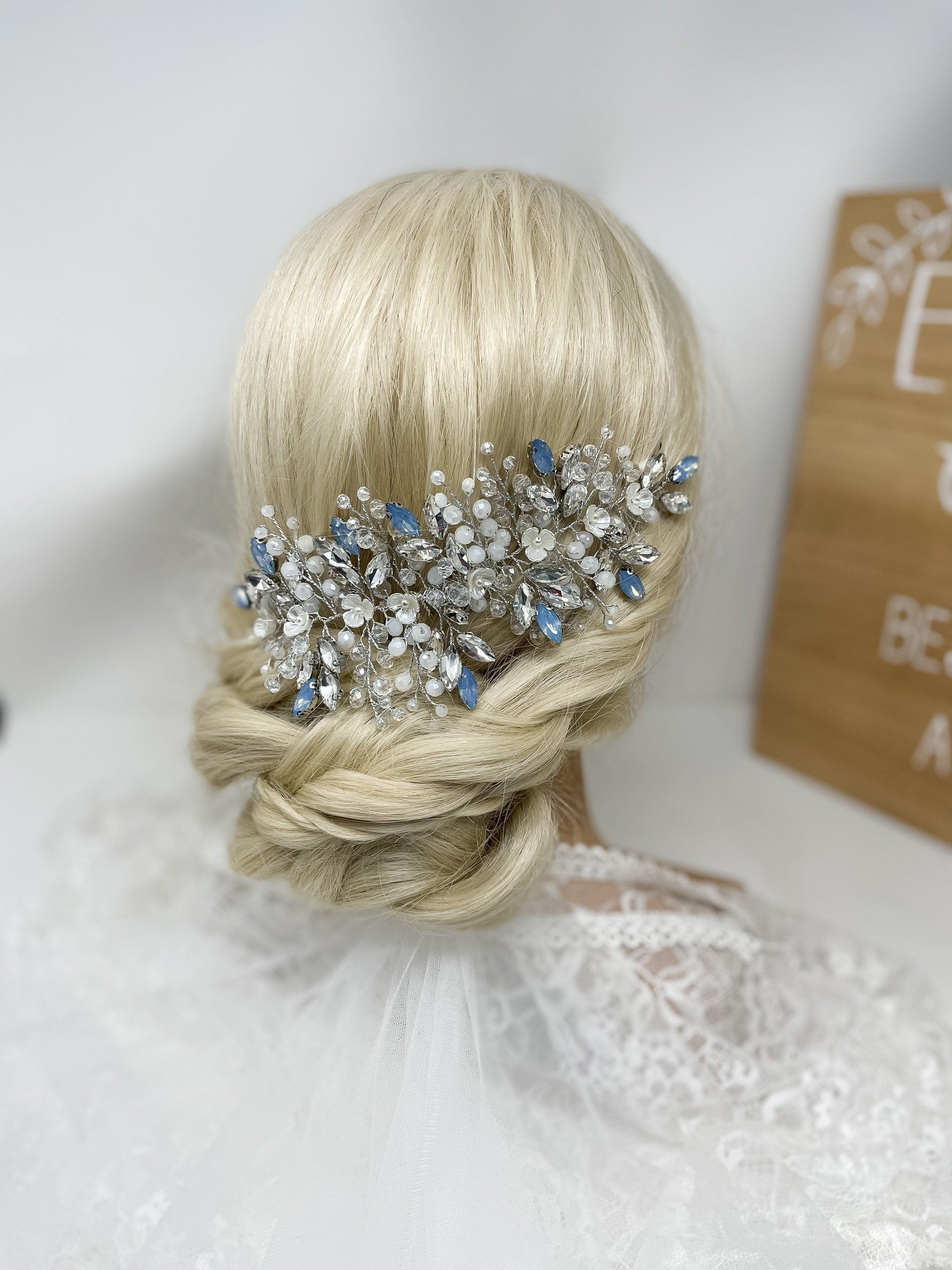 Large Sparkly Silver Blue Opal Crystal Hair Comb - Hair Vine - Bridal Hair Piece | Statement Hair Comb | Bride Comb