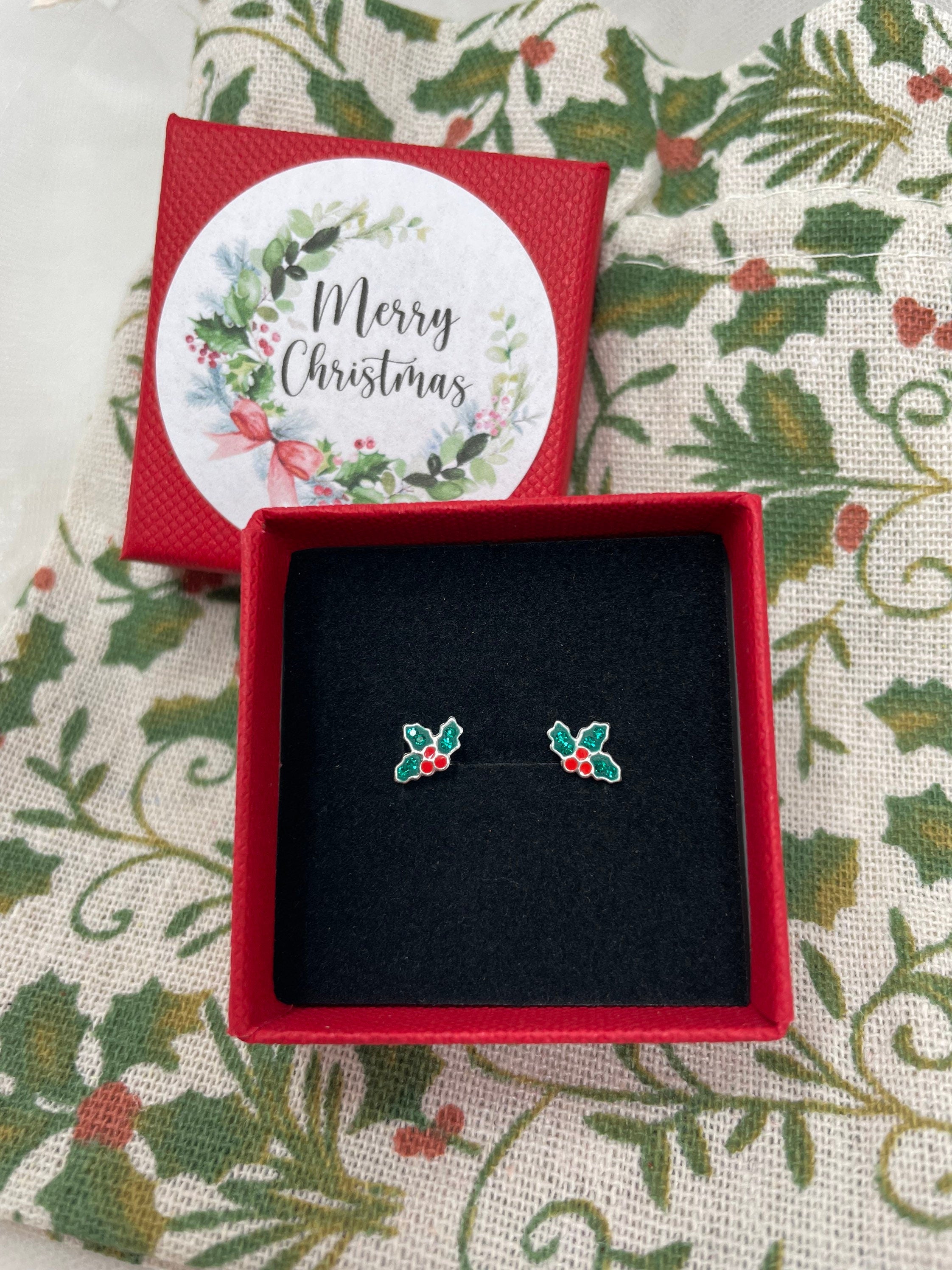 Christmas Earrings - Holly Earrings, Stocking Filler - Sterling Silver Studs - Berries - Merry Christmas Gift Box Gift For Her