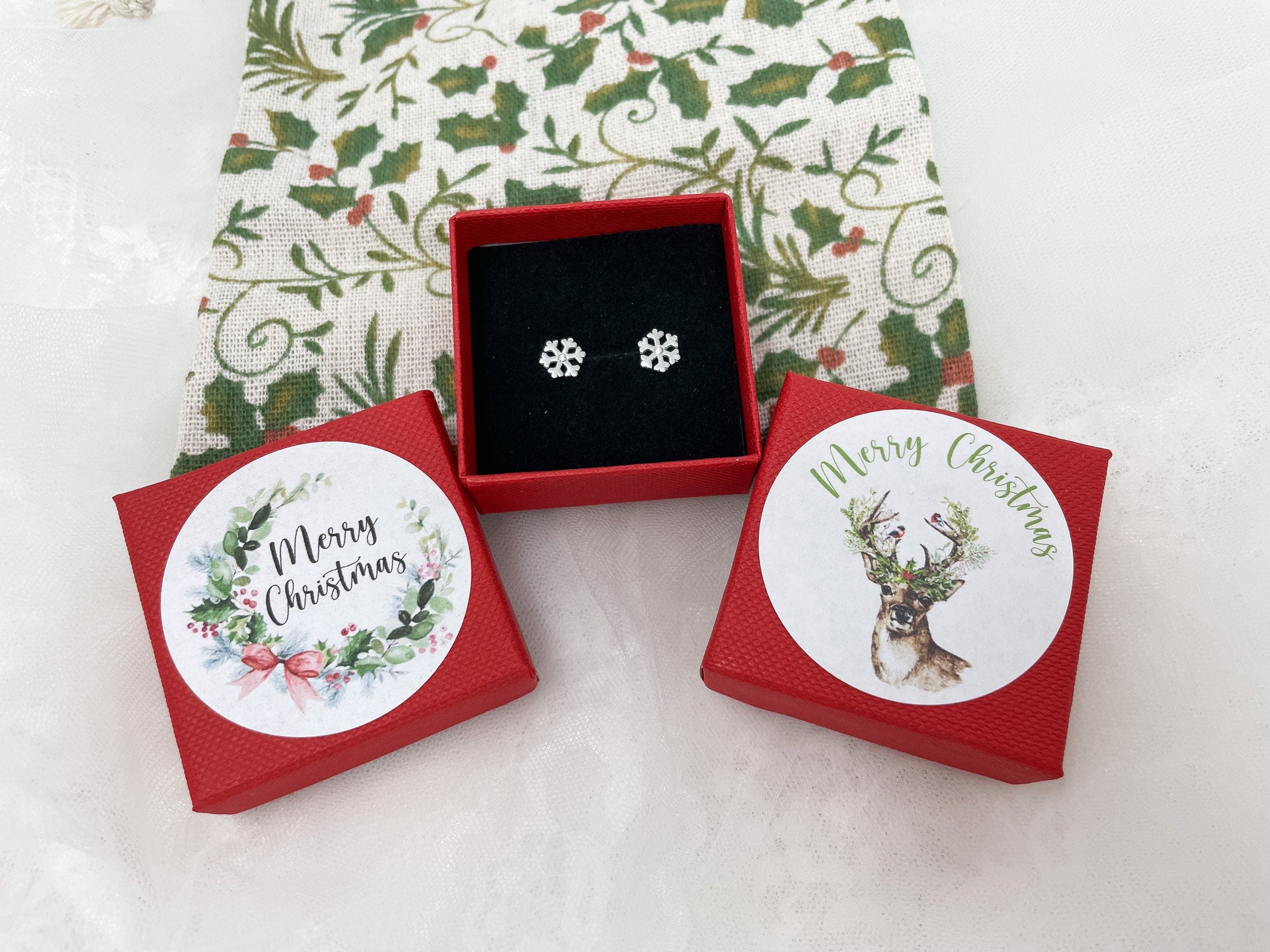 Christmas Earrings -Snowflake Earrings, Stocking Filler - Sterling Silver Studs - Snowflake Earrings - Merry Christmas Gift Box Gift For Her