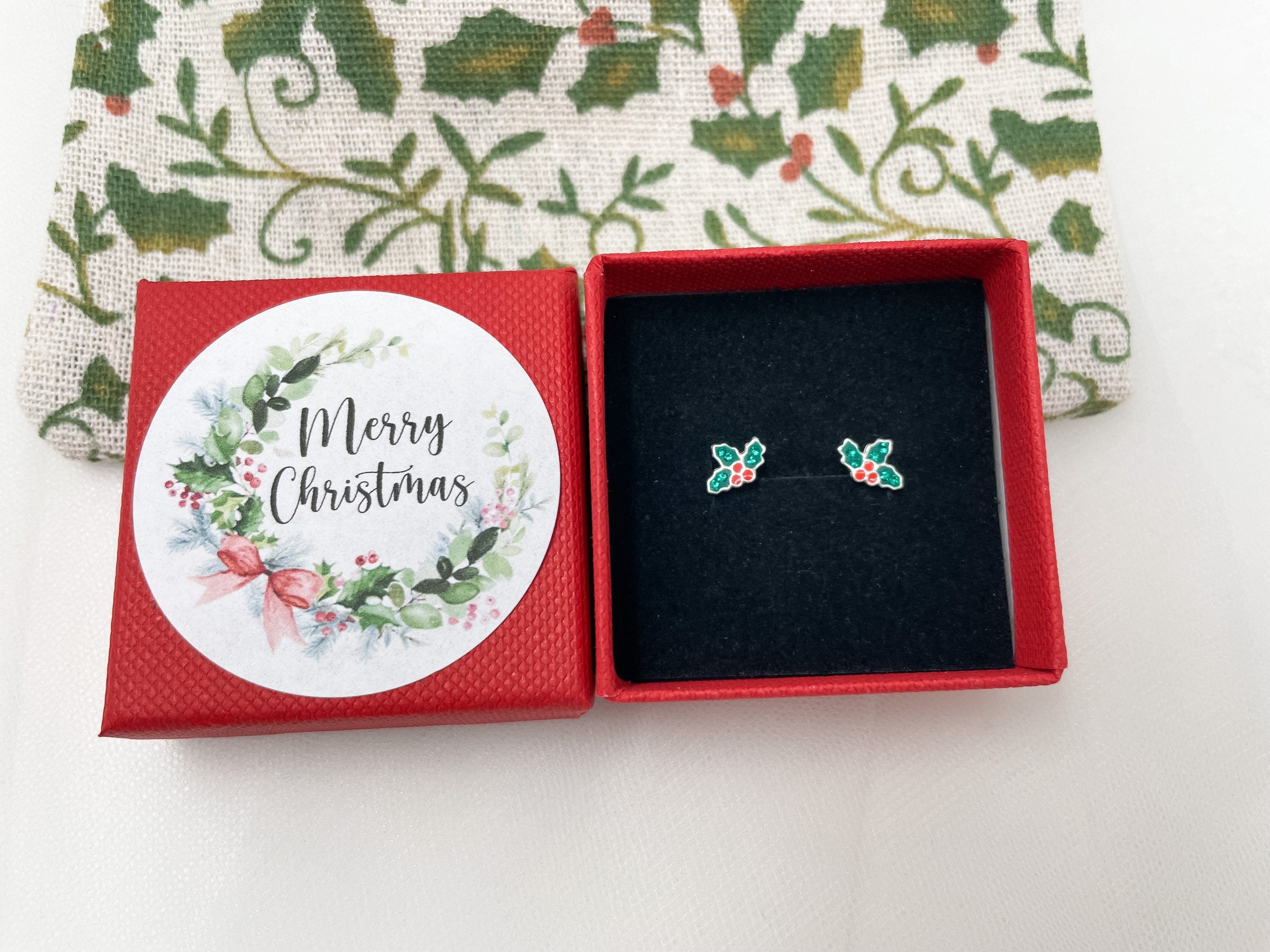 Christmas Earrings - Holly Earrings, Stocking Filler - Sterling Silver Studs - Berries - Merry Christmas Gift Box Gift For Her