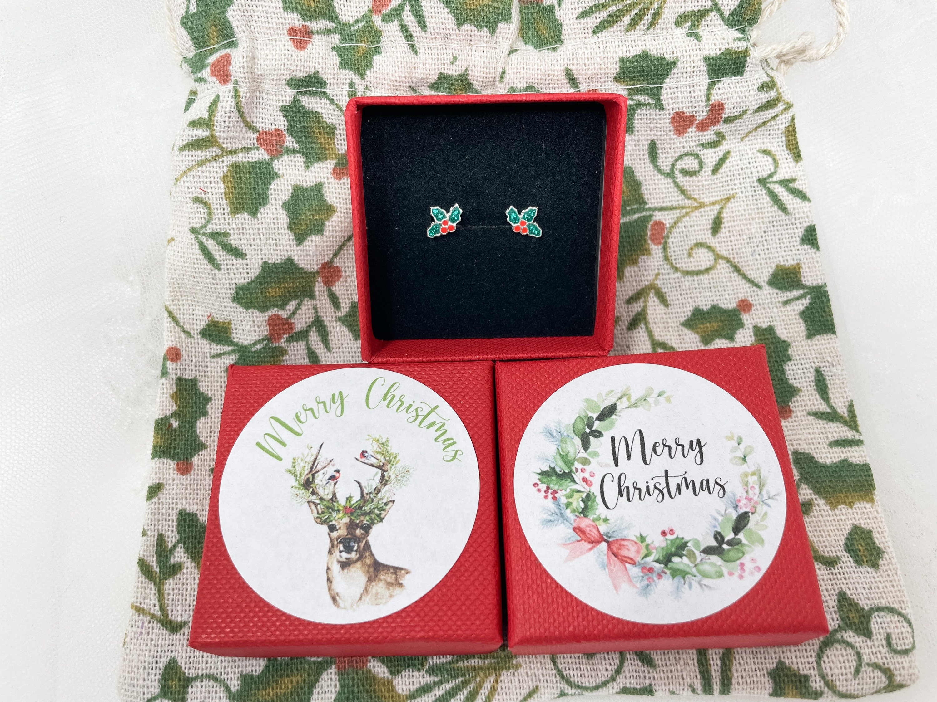 Christmas Earrings - Holly Earrings, Stocking Filler - Sterling Silver Studs - Berries - Merry Christmas Gift Box Gift For Her