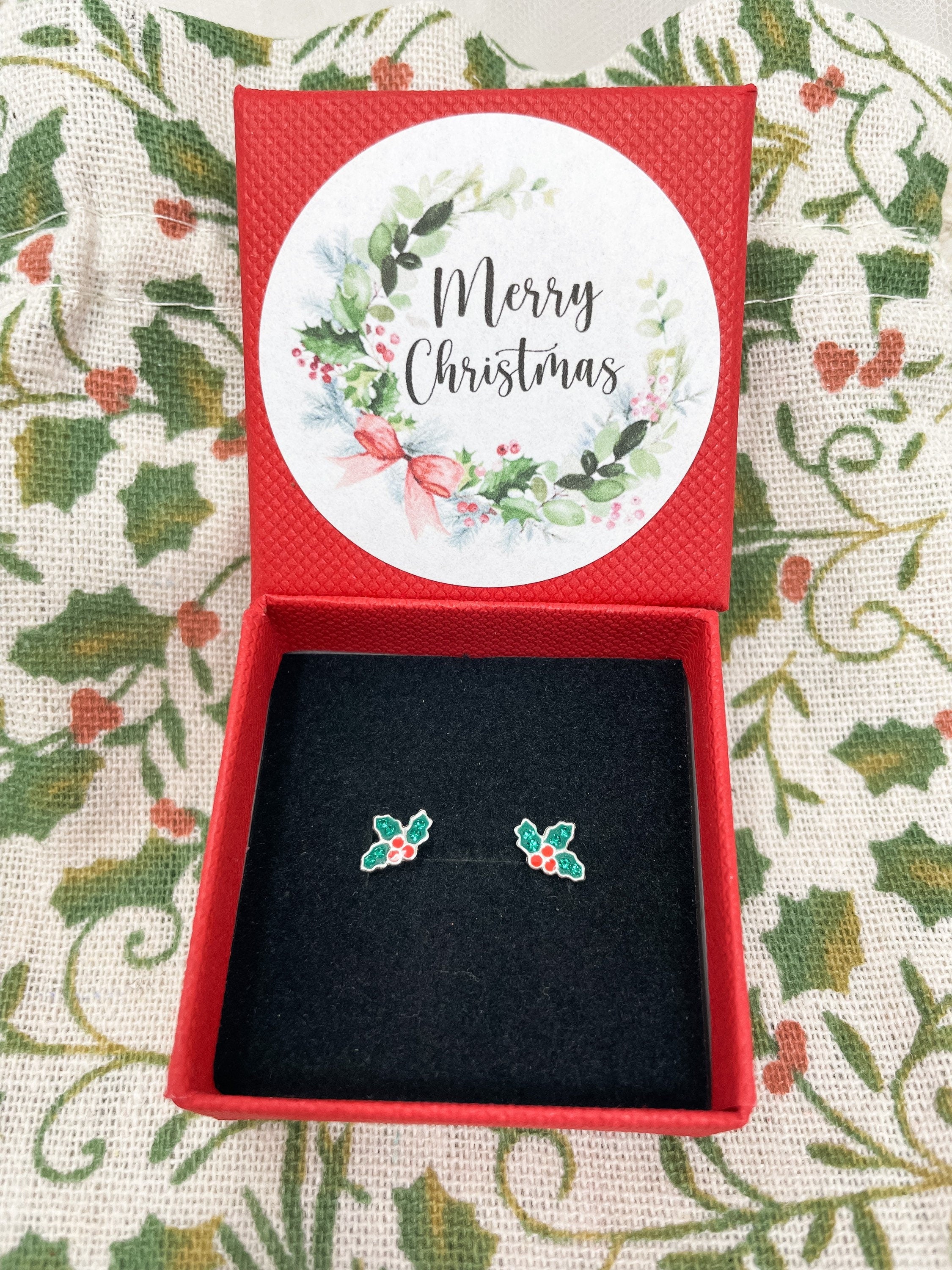 Christmas Earrings - Holly Earrings, Stocking Filler - Sterling Silver Studs - Berries - Merry Christmas Gift Box Gift For Her