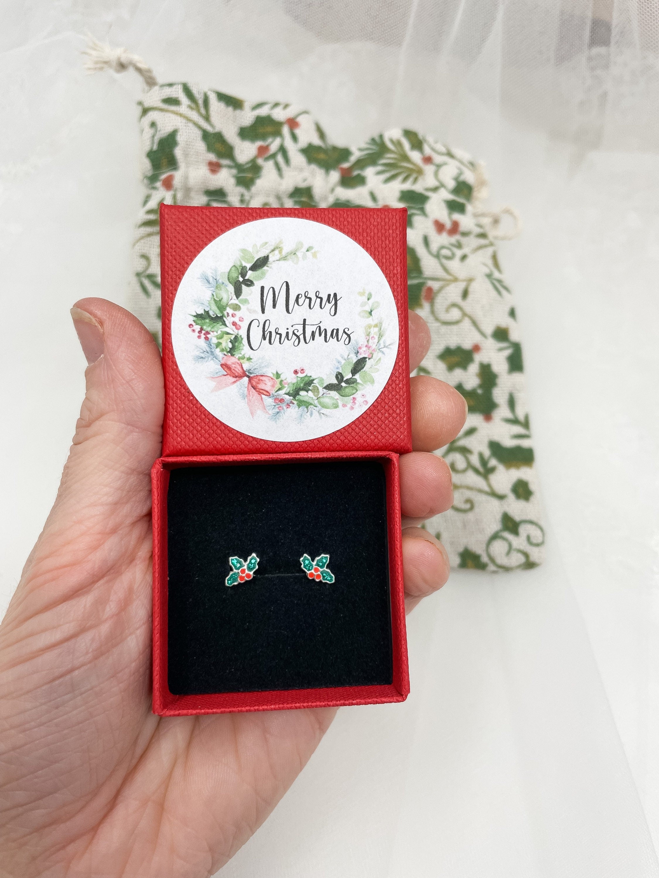 Christmas Earrings - Holly Earrings, Stocking Filler - Sterling Silver Studs - Berries - Merry Christmas Gift Box Gift For Her