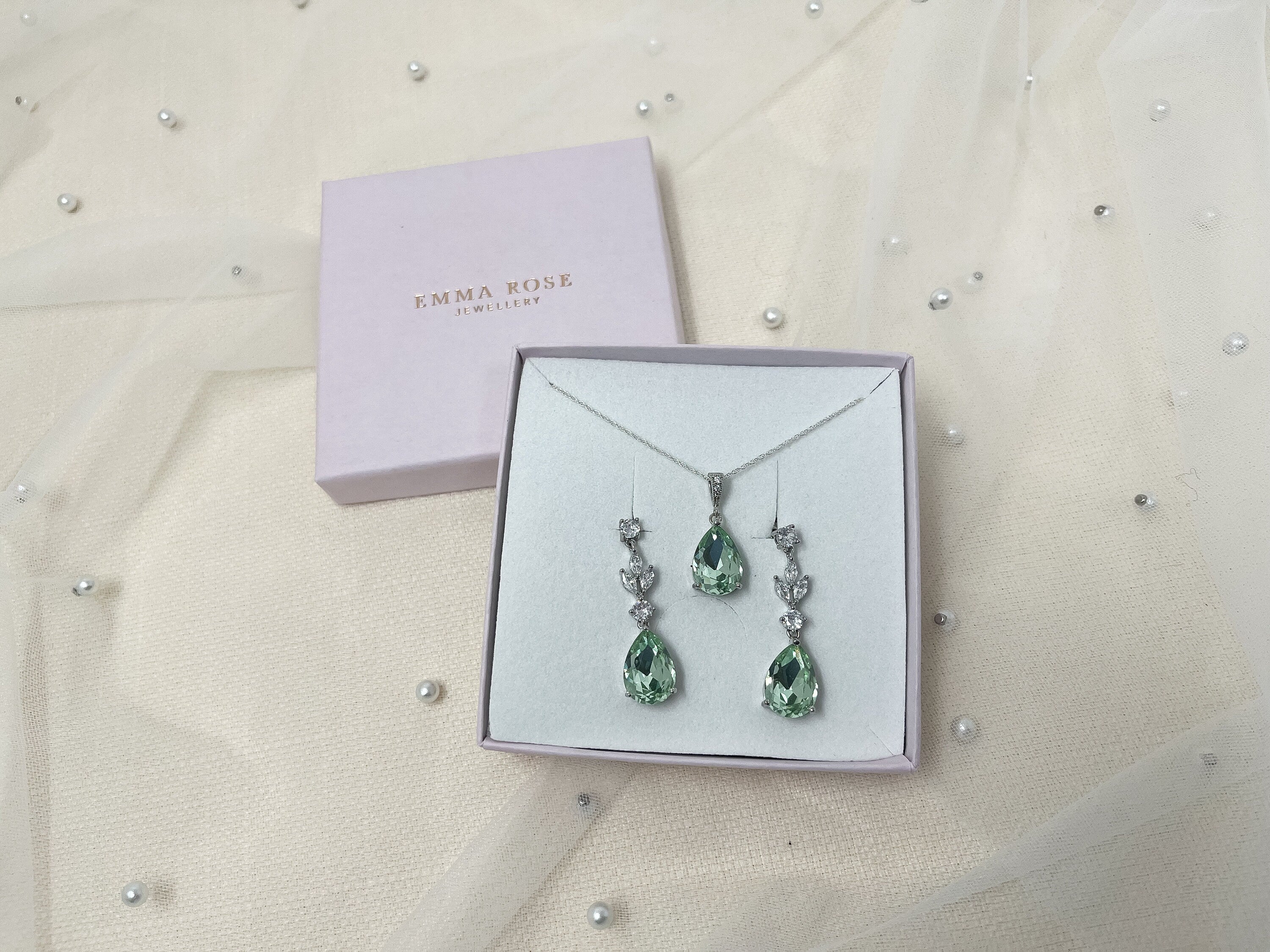 Sage Green Bridal Necklace - Wedding Drop Earring Pendant Set - Peridot - Bridesmaid Jewellery