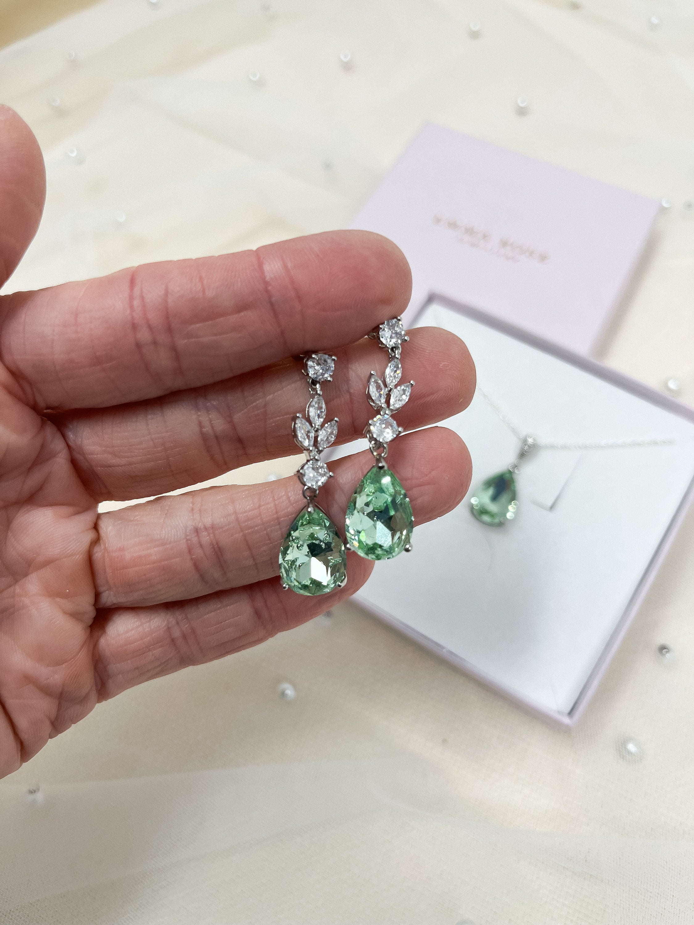 Sage Green Bridal Necklace - Wedding Drop Earring Pendant Set - Peridot - Bridesmaid Jewellery