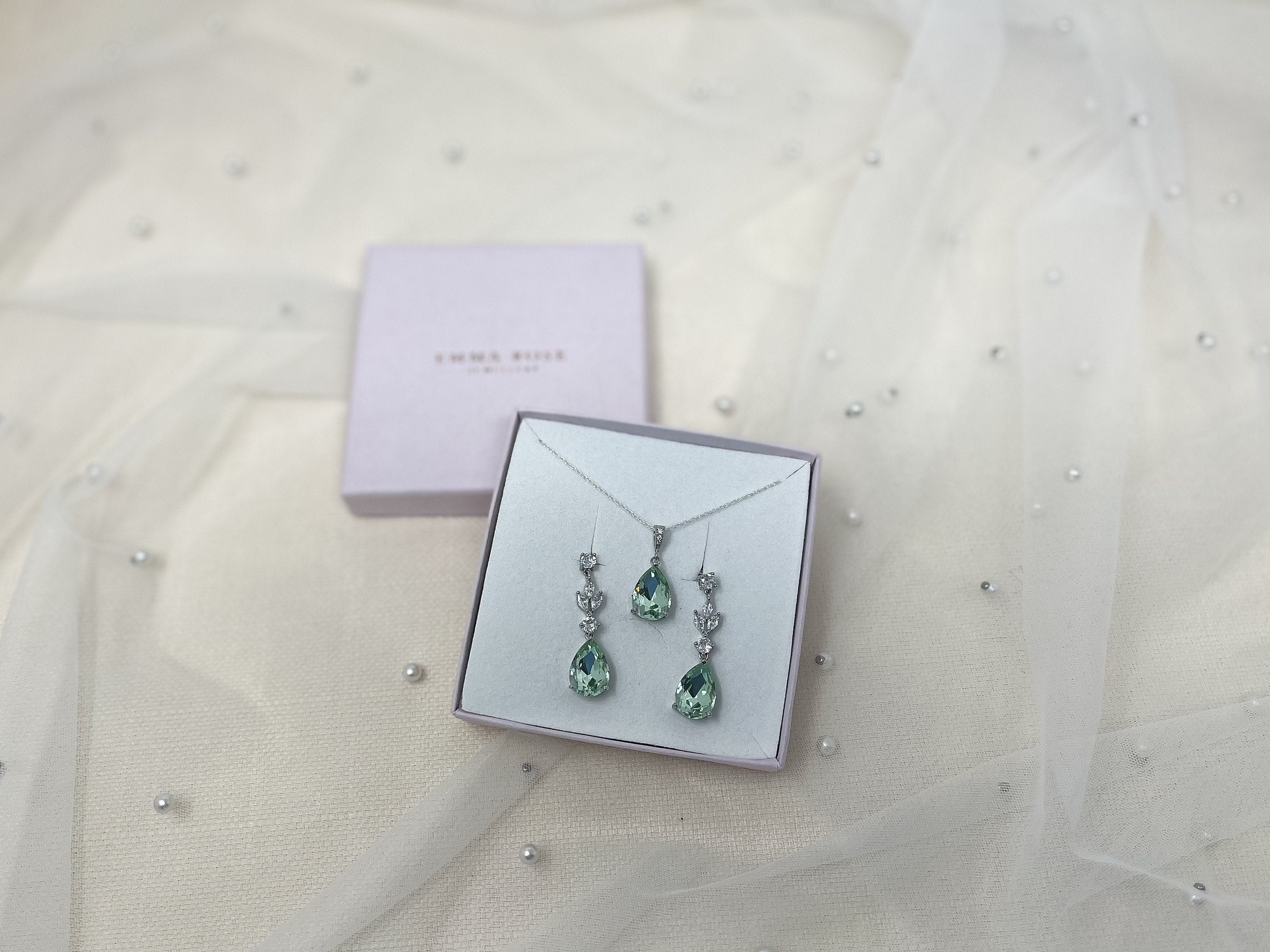 Sage Green Bridal Necklace - Wedding Drop Earring Pendant Set - Peridot - Bridesmaid Jewellery