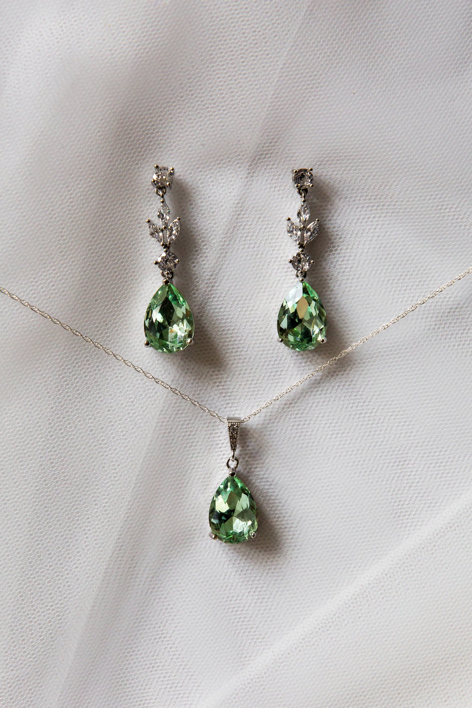 Sage Green Bridal Necklace - Wedding Drop Earring Pendant Set - Peridot - Bridesmaid Jewellery