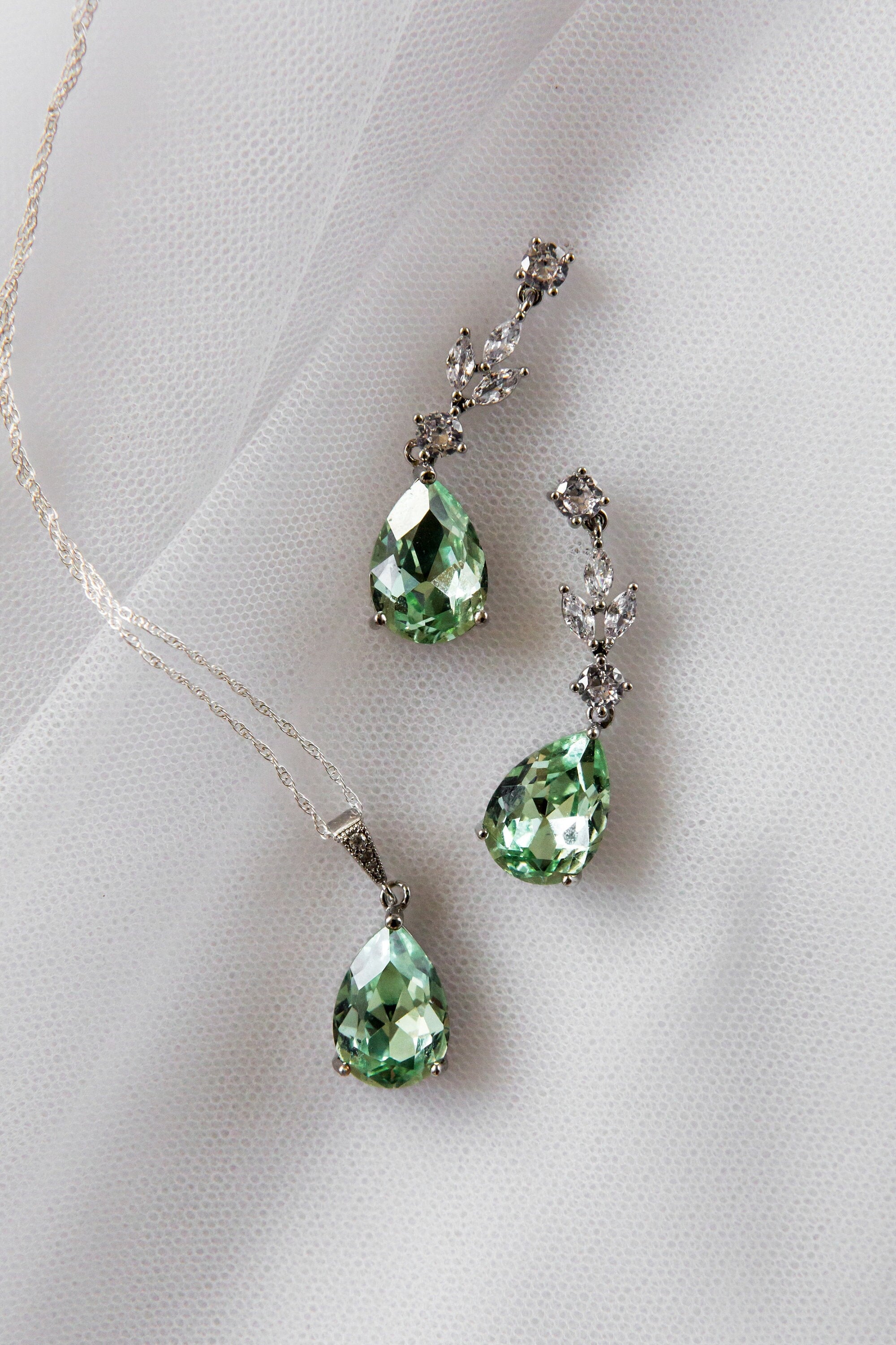 Sage Green Bridal Necklace - Wedding Drop Earring Pendant Set - Peridot - Bridesmaid Jewellery